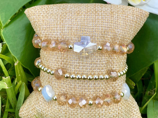 Beige Crystal Briolette Beaded Bracelet: 14K Gold Accents, Clover/Cross Charm