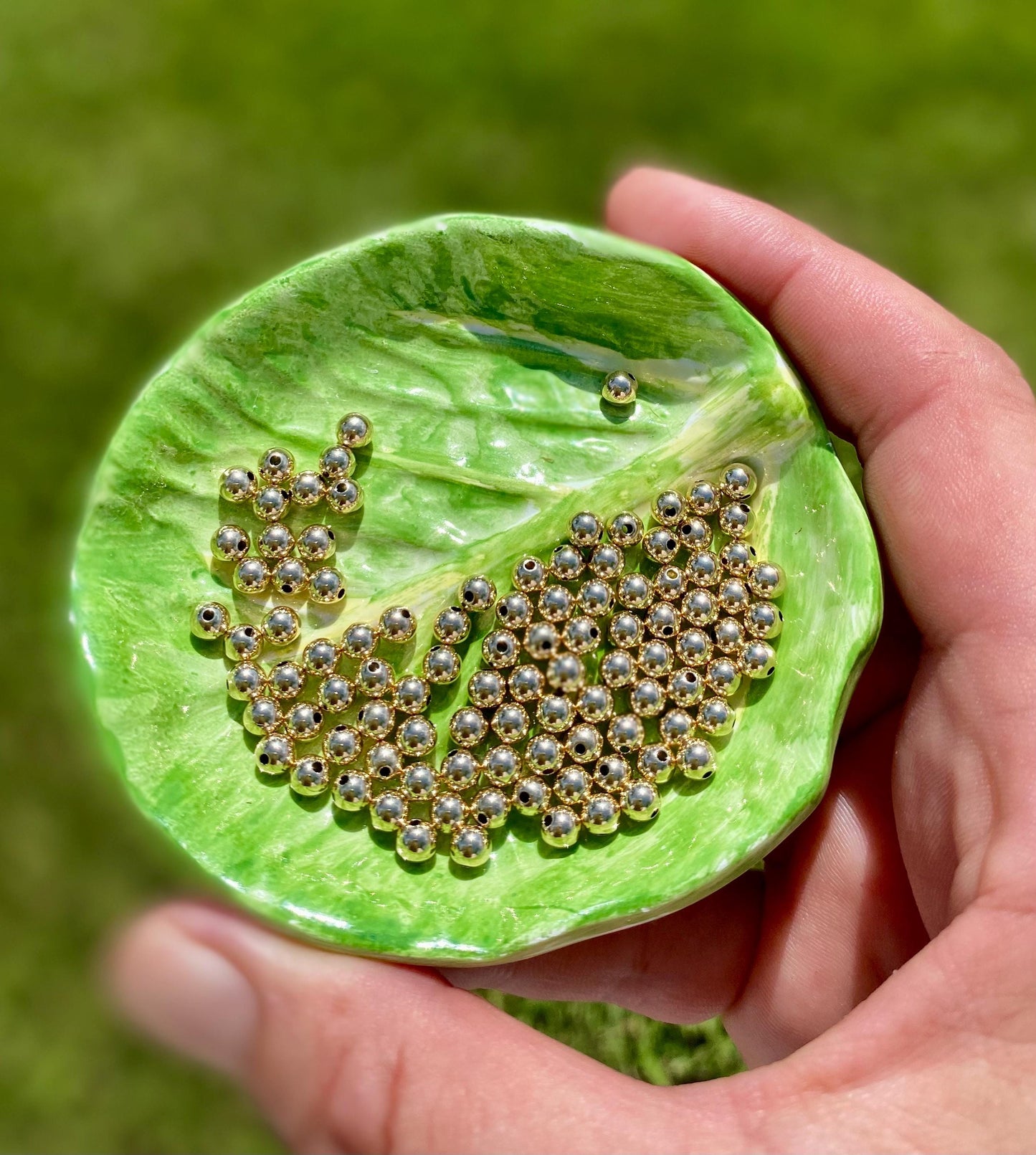 14k Gold Filled Beaded Bracelet: Center Mother of Pearl Cross, Rice Pearl, Clover Charm.
