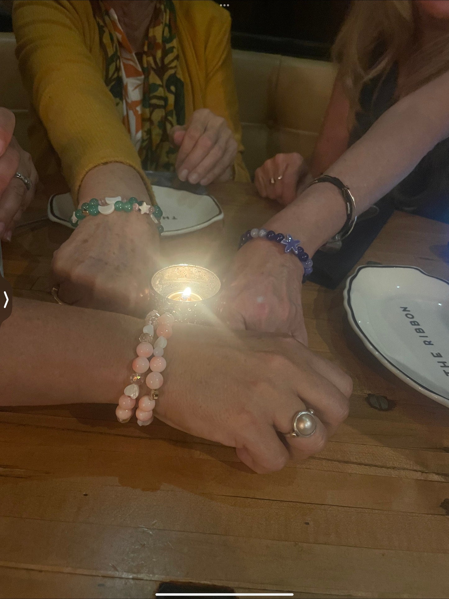 Pink Coral Beaded Bracelet: Glass Beads & River Shell Hearts.
