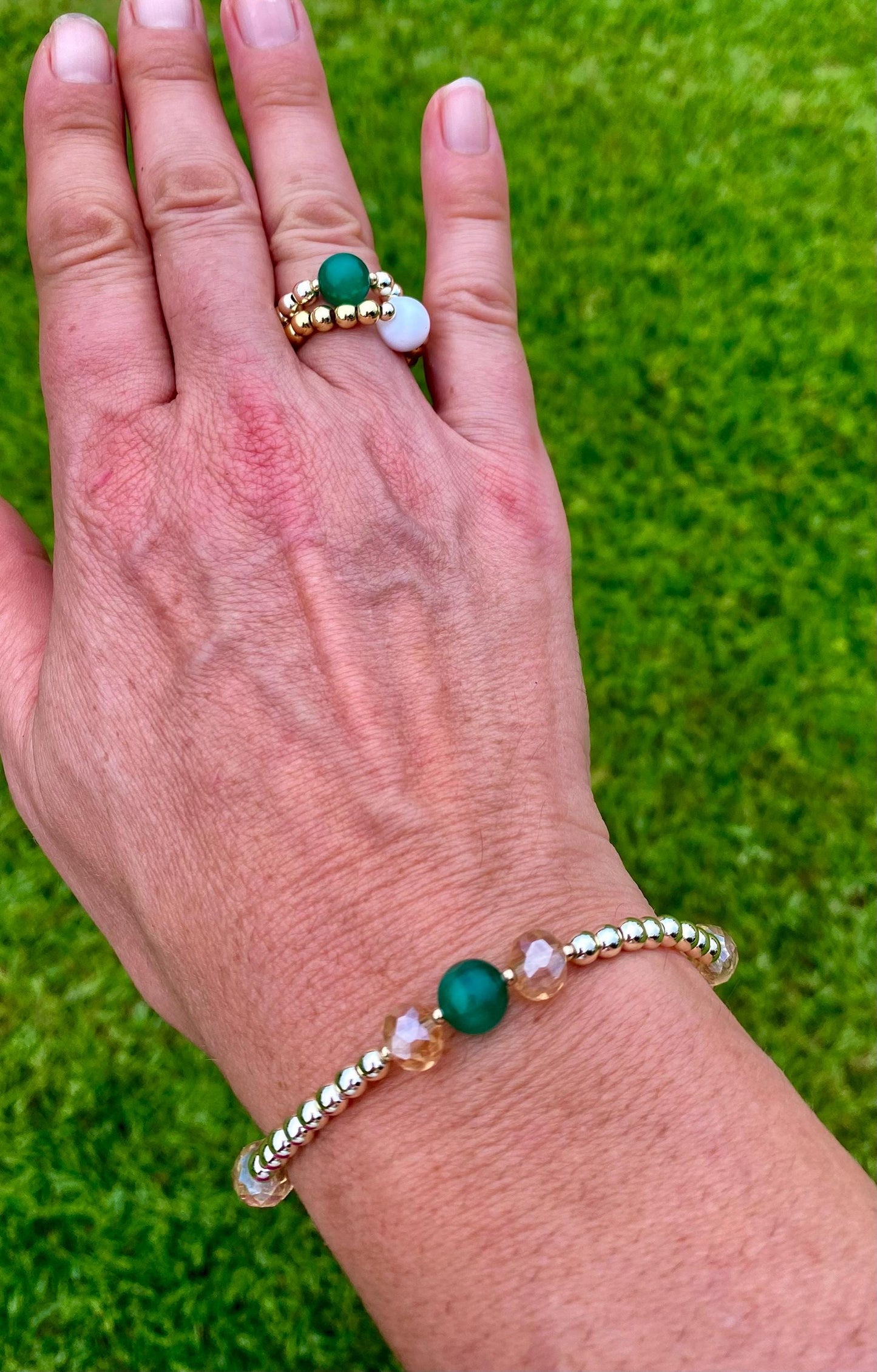 Emerald Green Gemstone Bracelet, 14K Gold, Clover Charms