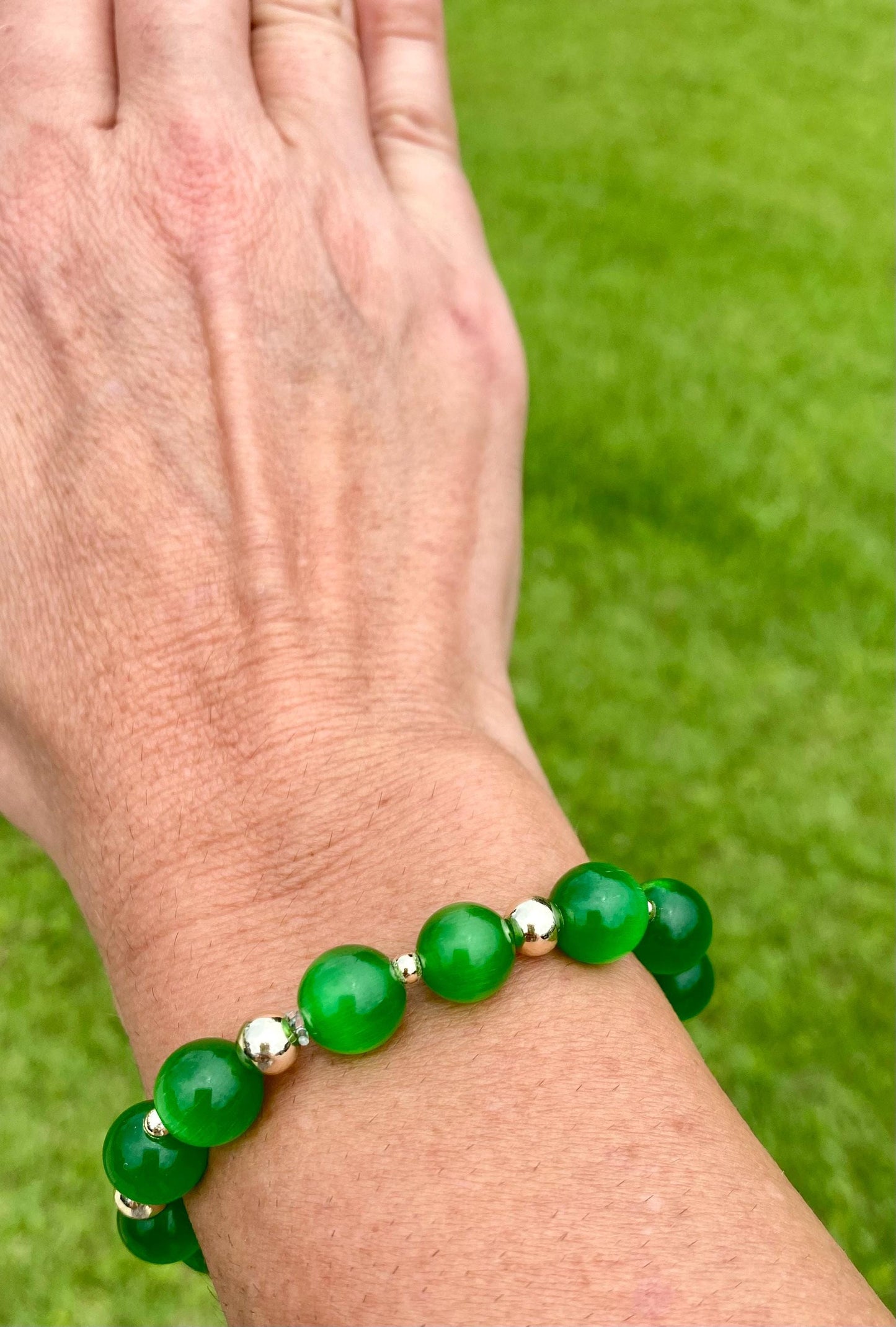 Green Emerald Gemstone Beaded Bracelet: 14K Gold Filled. Set of 2.