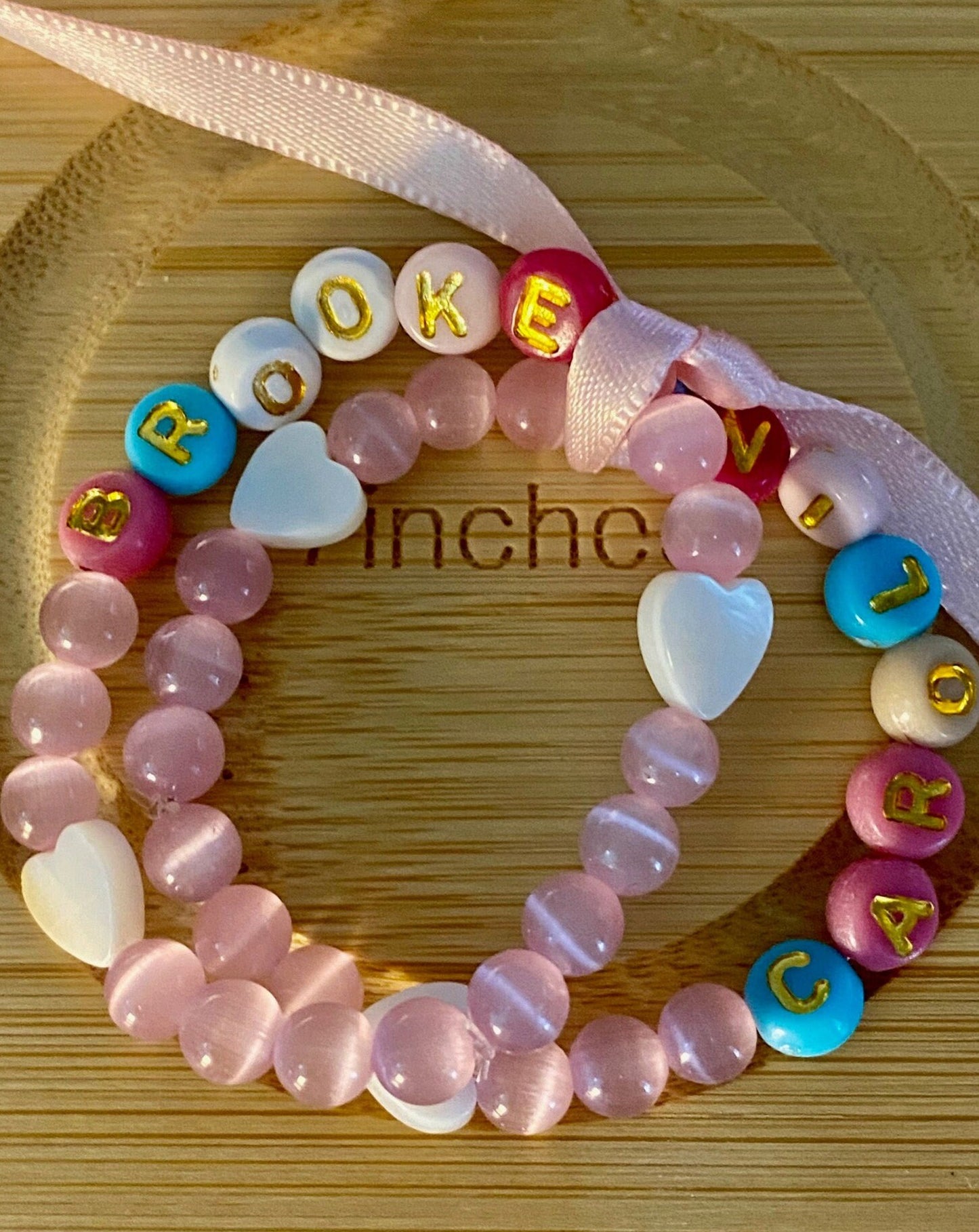Beaded Friendship Bracelet Set: Custom Names, Pink Glass, Shell Heart Beads.