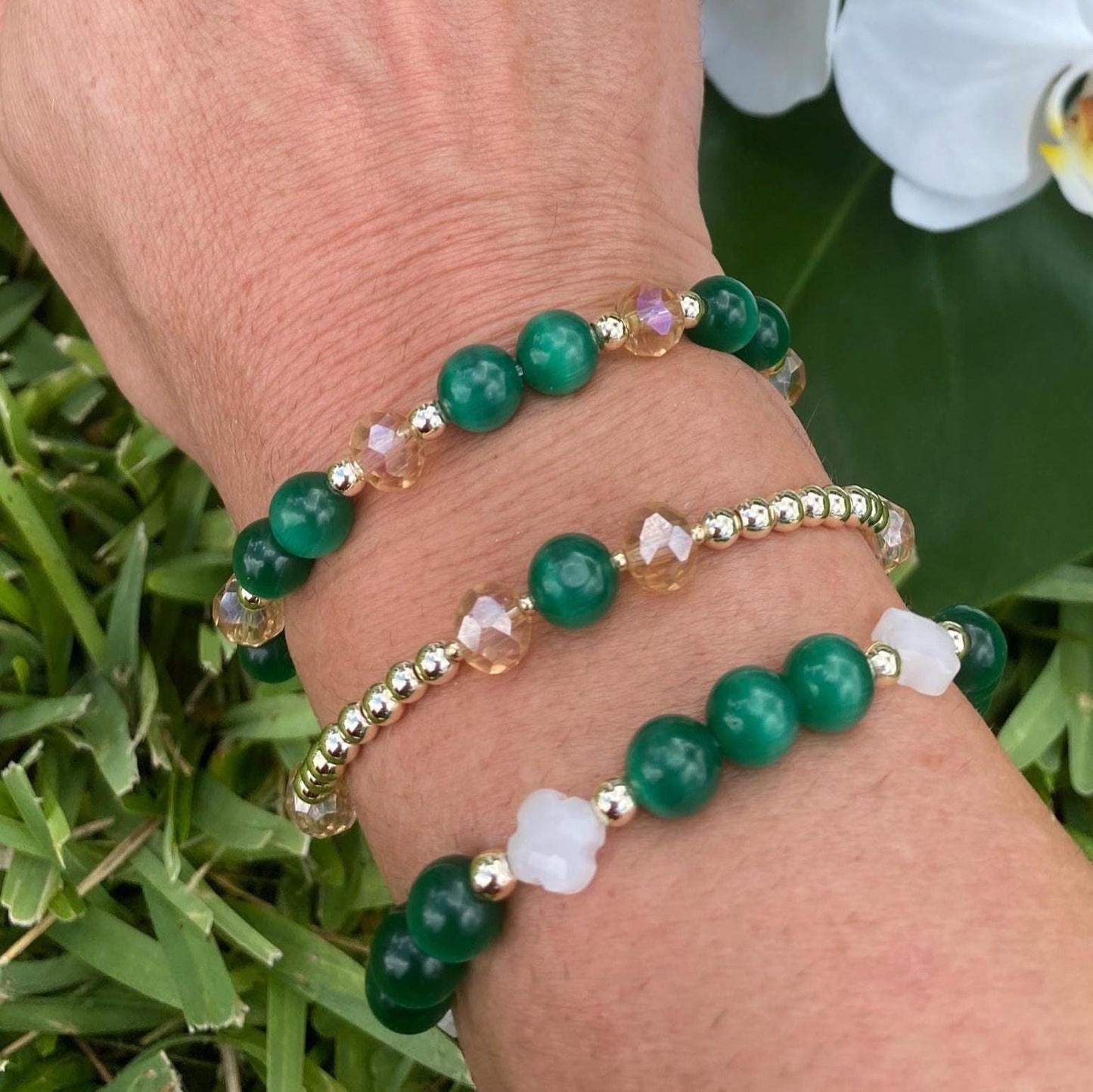 Emerald Green Gemstone Bracelet, 14K Gold, Clover Charms