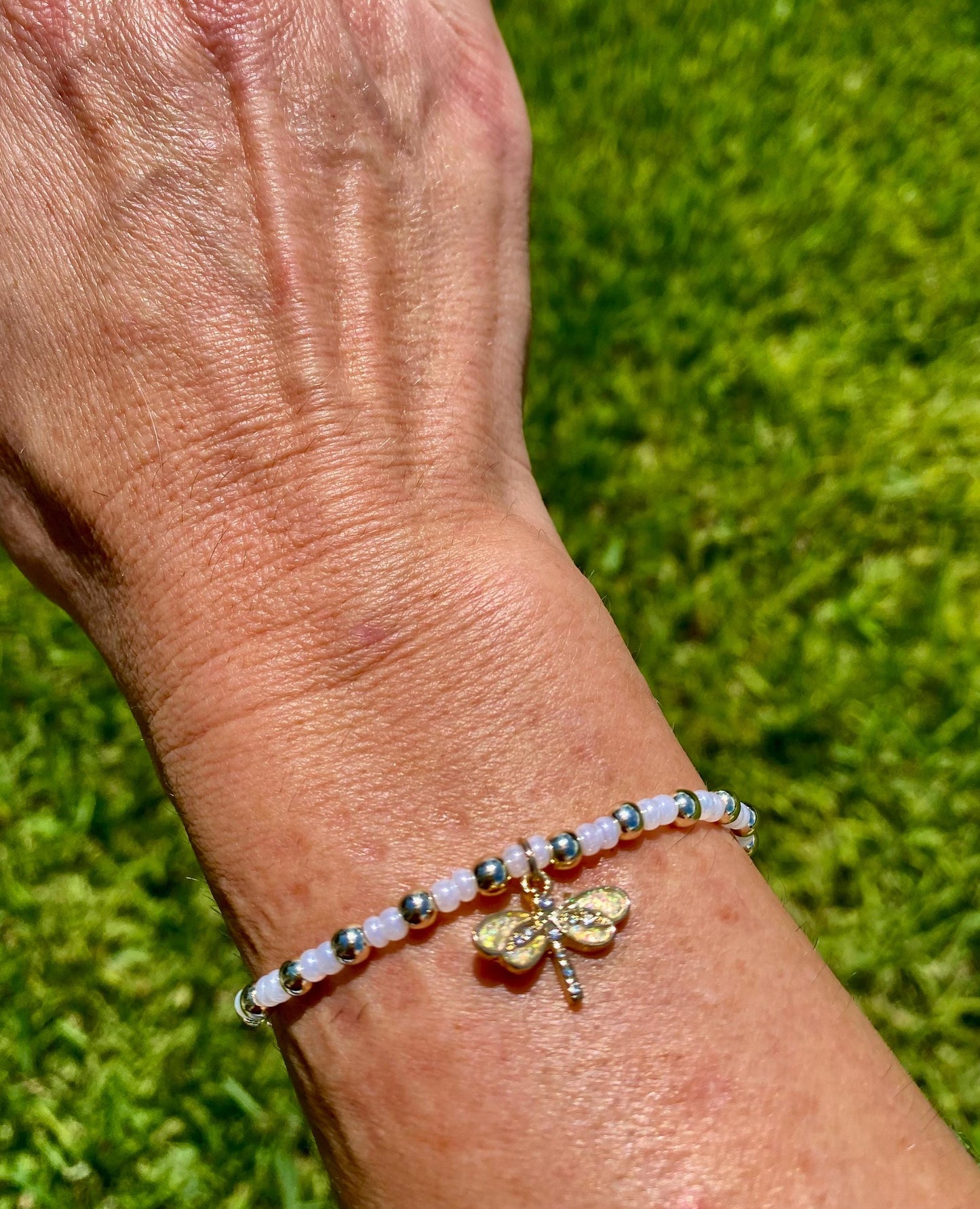 14K Gold Filled Beaded Bracelet: Dragonfly Charm, Pearl Czech Glass.