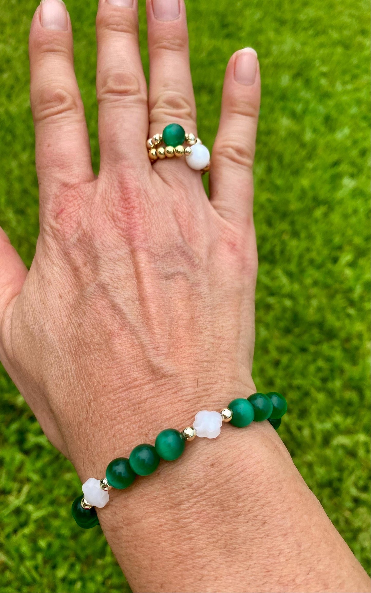 Emerald Green Gemstone Bracelet, 14K Gold, Clover Charms