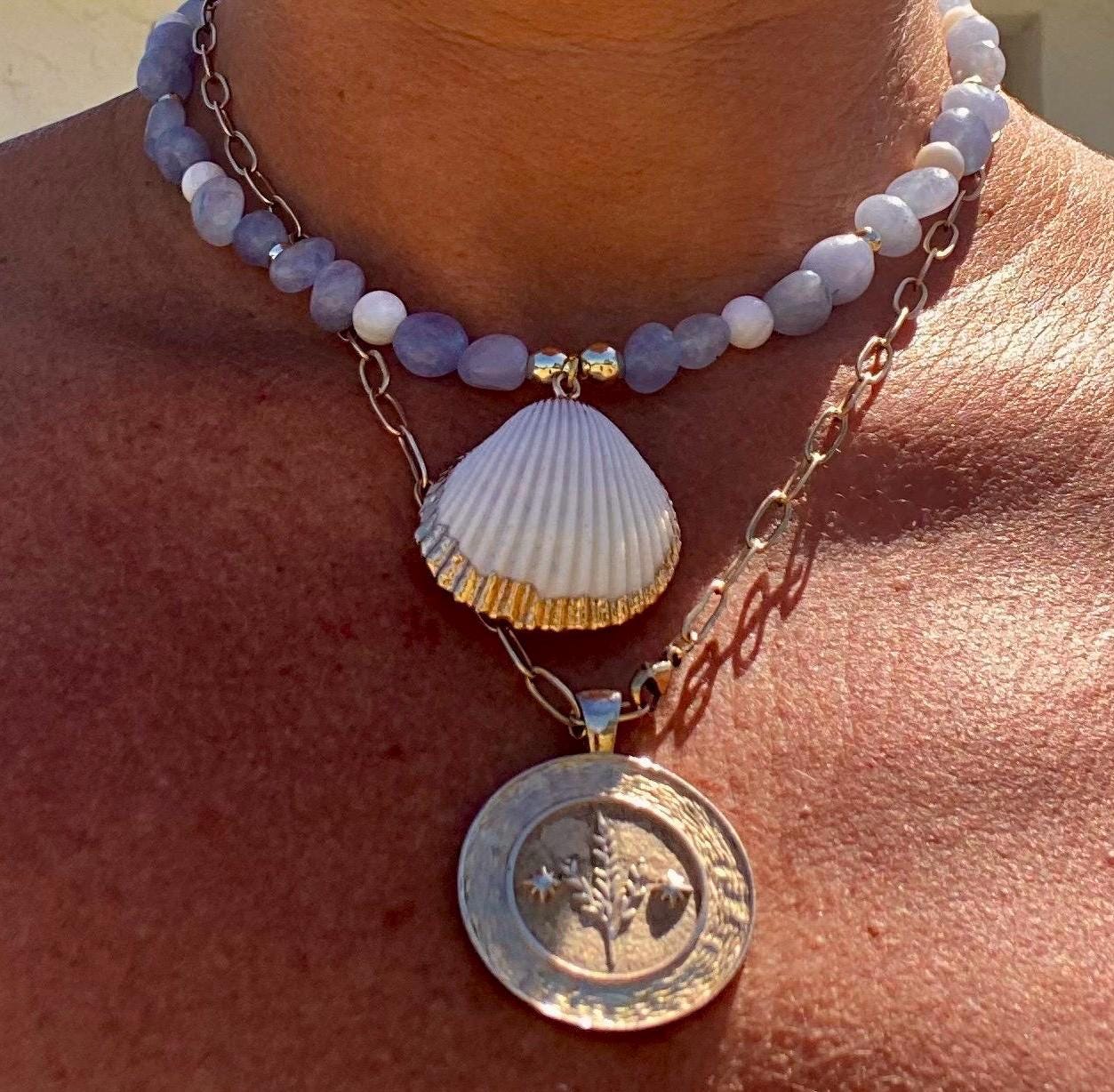 Blue Aquamarine Beaded Necklace: Gold Scallop Shell Charm, 14k Gold Filled accent Beads.