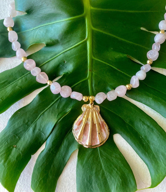 Rose Quartz Beaded Necklace: Center Gold Scallop Shell Charm. 14K Gold accents.