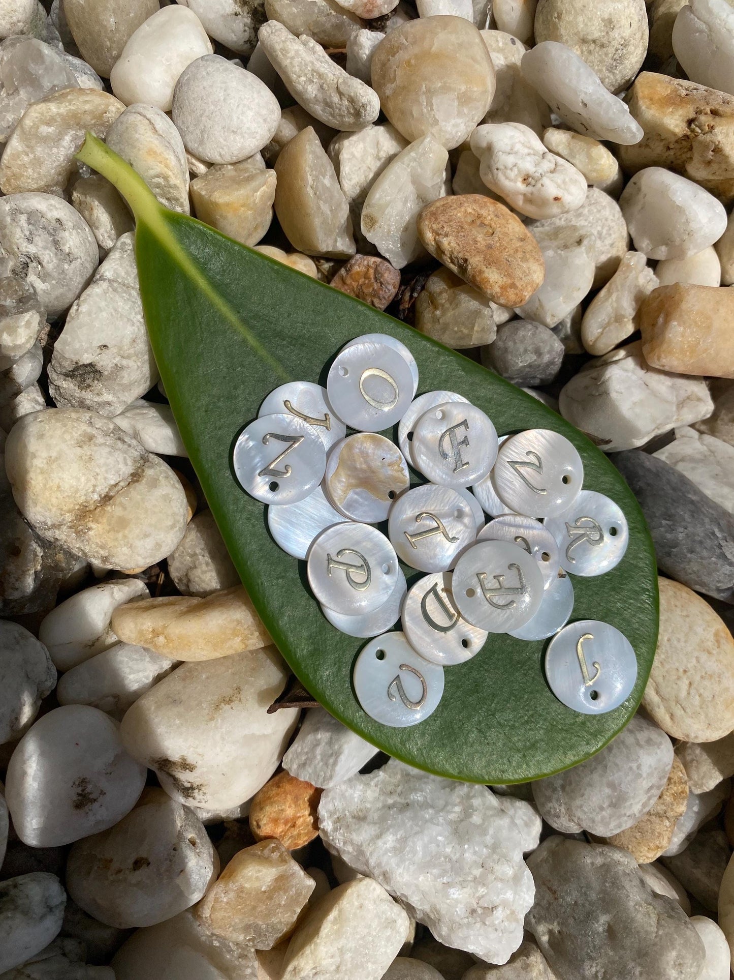14K Gold Filled Beaded Initial Bracelet: Mother of Pearl Monogram Charm.