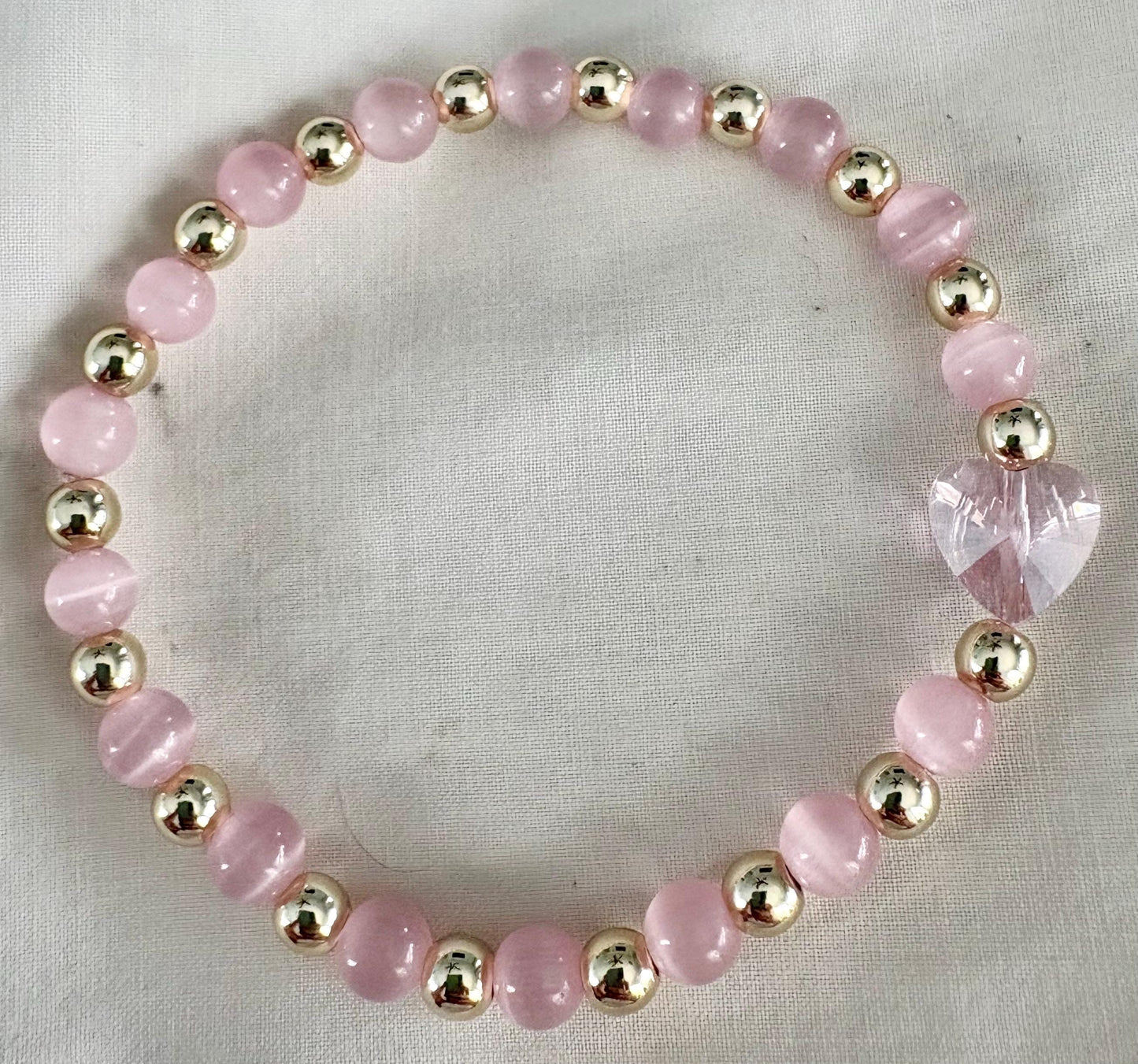 Pink Glass Heart Beaded Bracelet with Pink Rose Quartz & 14K Gold Filled Accent Beads.