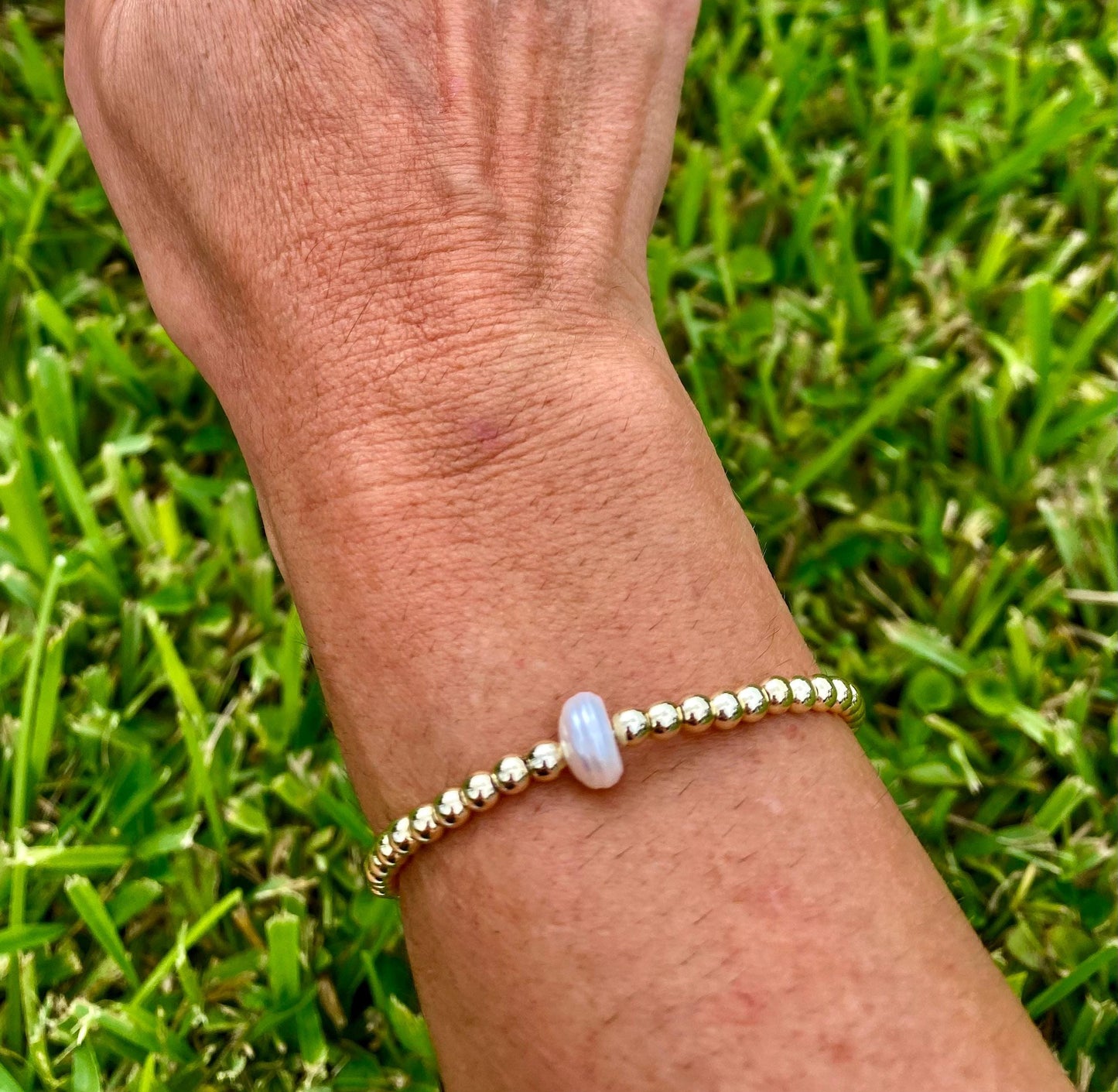 14k Gold Filled Stacking Bracelet: Cultured Pearl. Non Tarnish. E Newton Inspired.