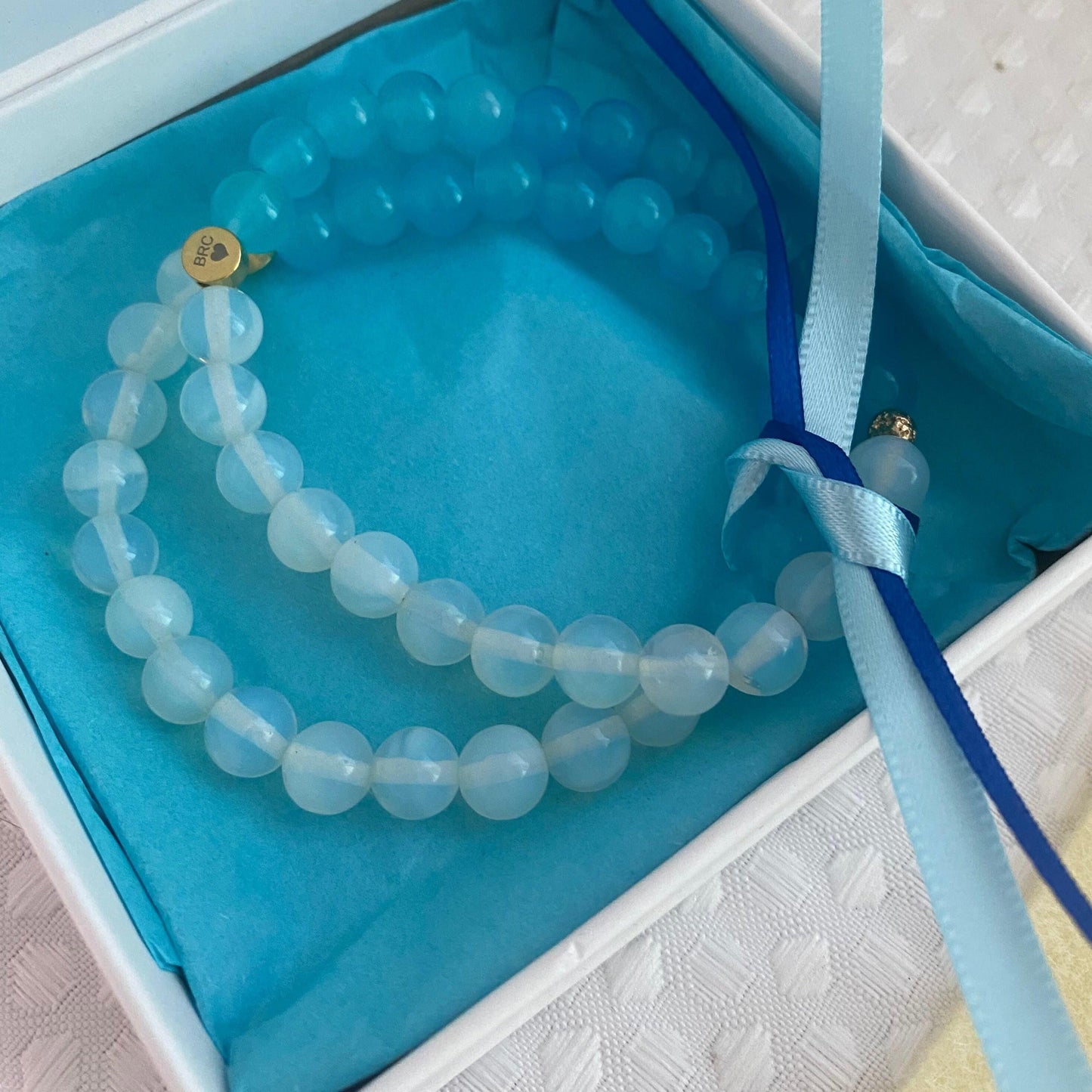 Moonstone Beaded Bracelet with Sky Blue Glass. 8mm.