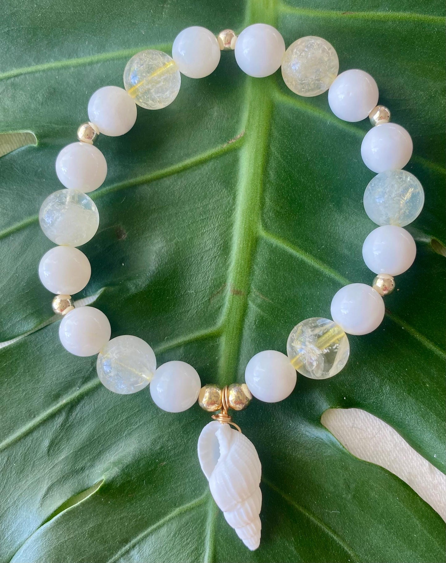 Citrine & White Shell Charm Bracelet: 14k Gold Filled Beaded Bracelet.