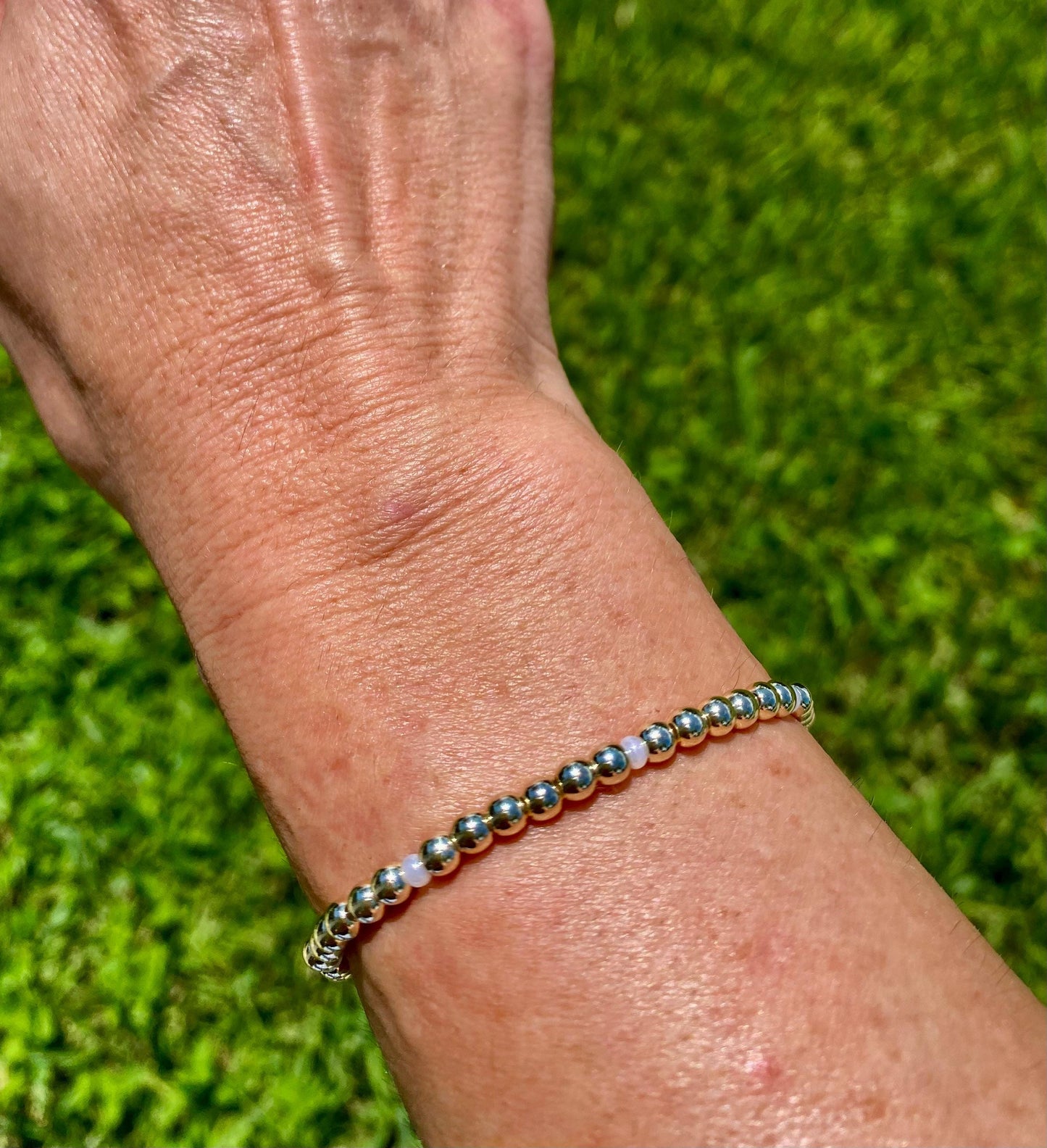 14K Gold Filled Beaded Bracelet: Dragonfly Charm, Pearl Czech Glass.