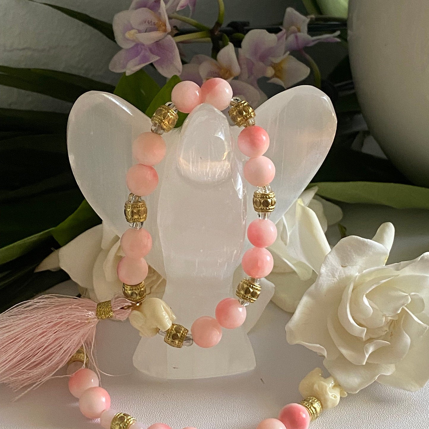 Pink Beaded Bracelet: Center Enamel Elephant Charm, 14K Gold Gold Accents.