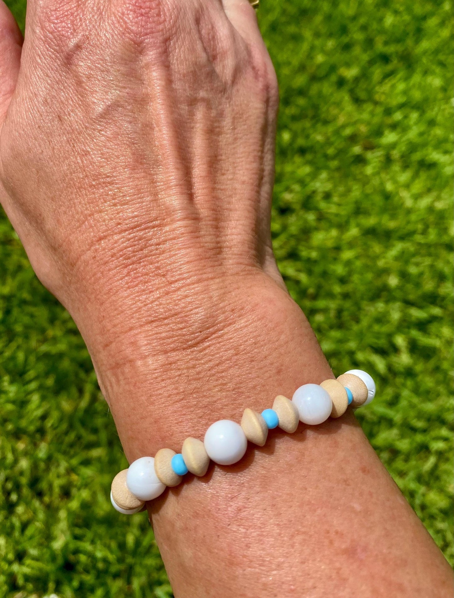 White Shell Beaded Bracelet: Natural Wood & Blue Accent Beads. Tropical Stacking Jewelry.