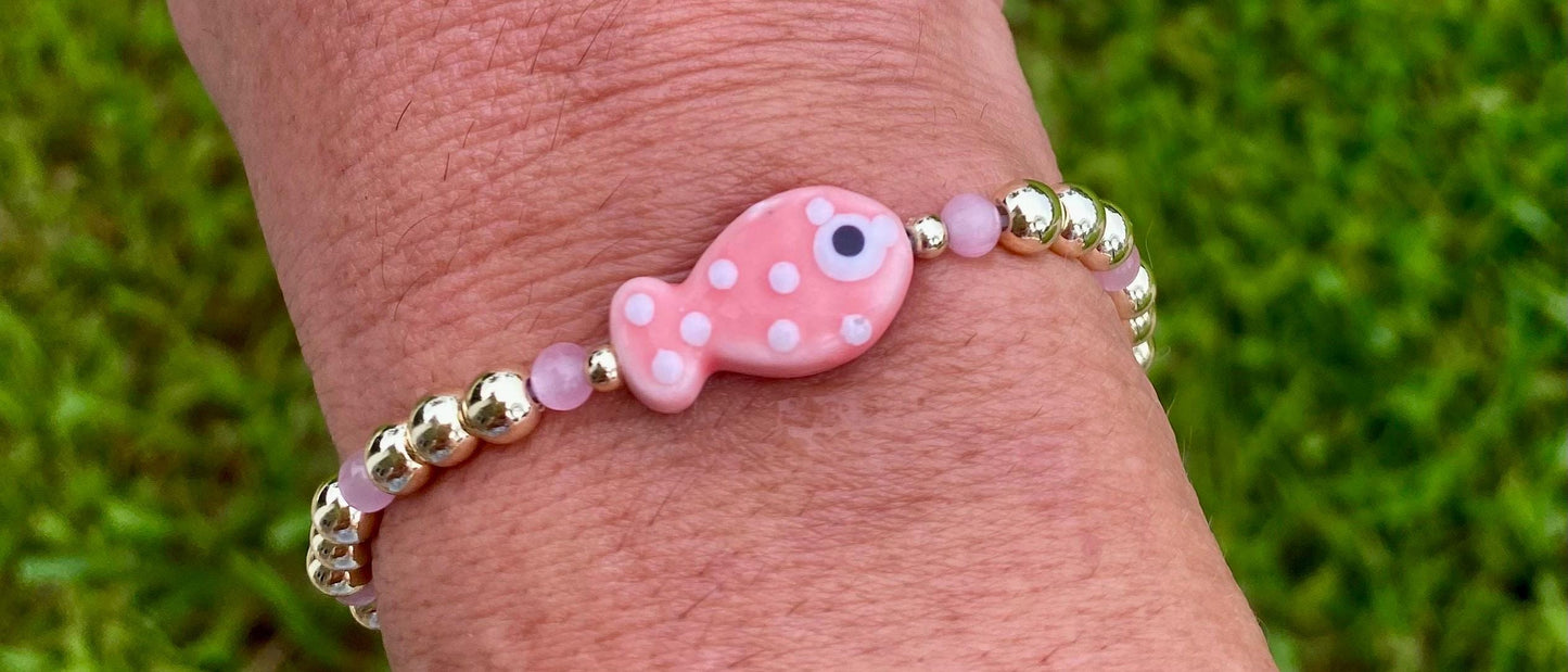 Ceramic Fish Charm Bracelet: 14K Gold Filled Beads, Colorful Beach Jewelry.