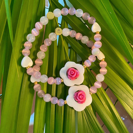 Pink Beaded Friendship Bracelet Set: Pink Quartz Beads, Center Flower & Shell Heart Accents..