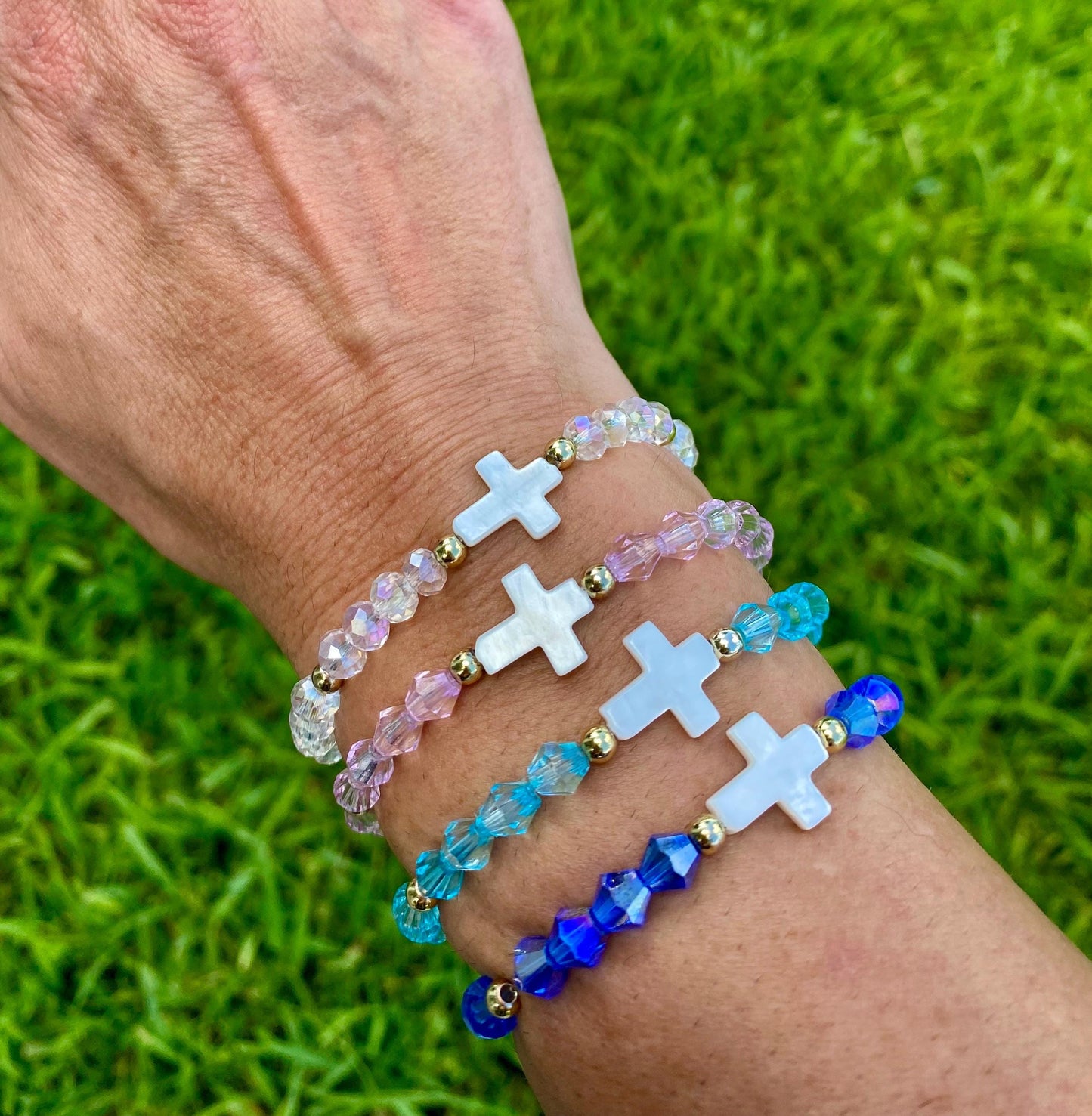 Pearl Cross Crystal Beaded.14k Gold Filled Beads, Colorful Glass & Center Cross Charm.