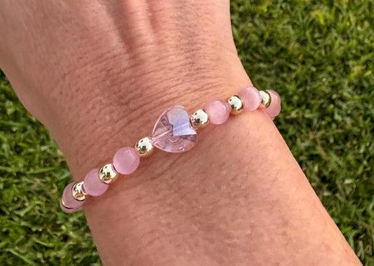 Pink Glass Heart Beaded Bracelet with Pink Rose Quartz & 14K Gold Filled Accent Beads.