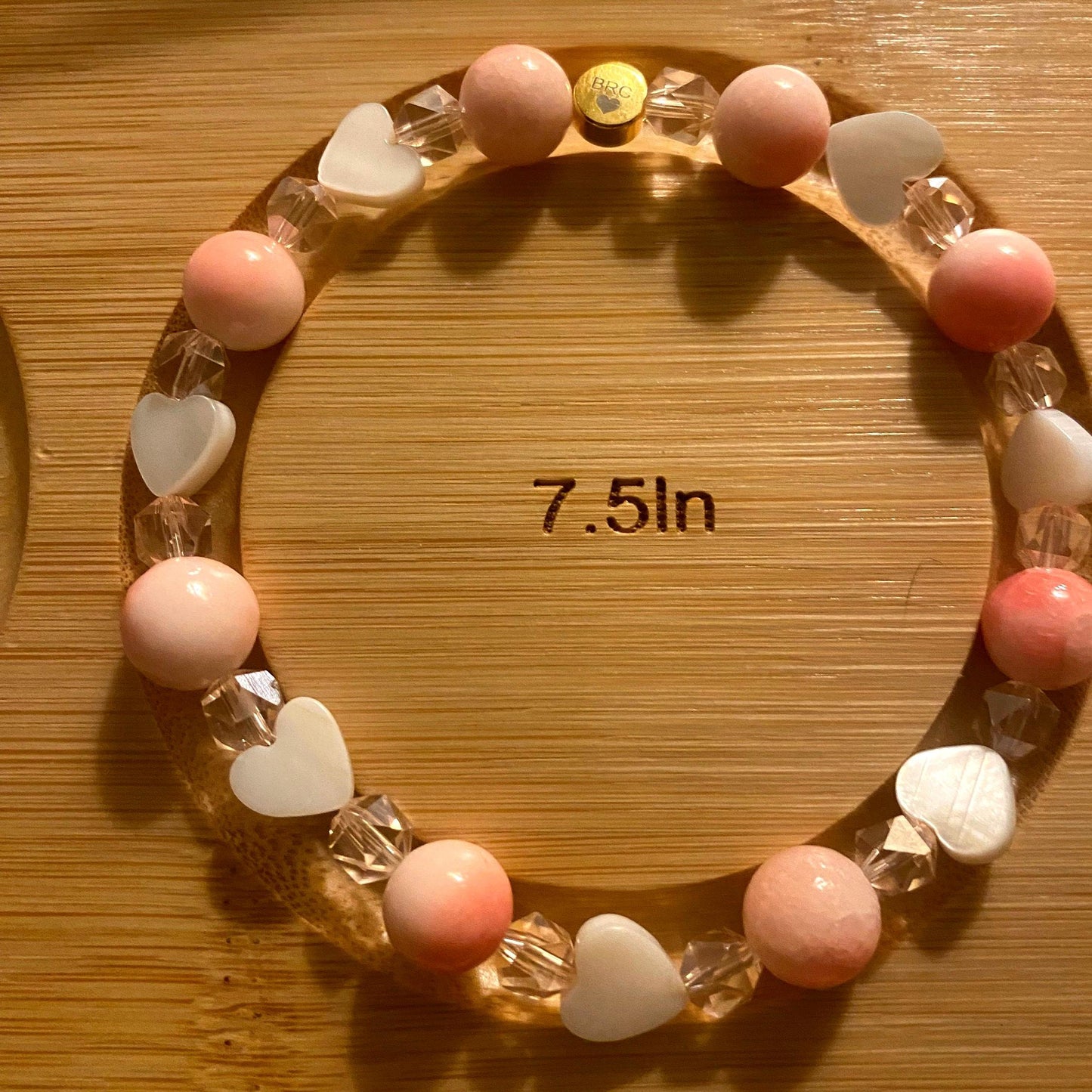 Pink Coral Beaded Bracelet: Glass Beads & River Shell Hearts.