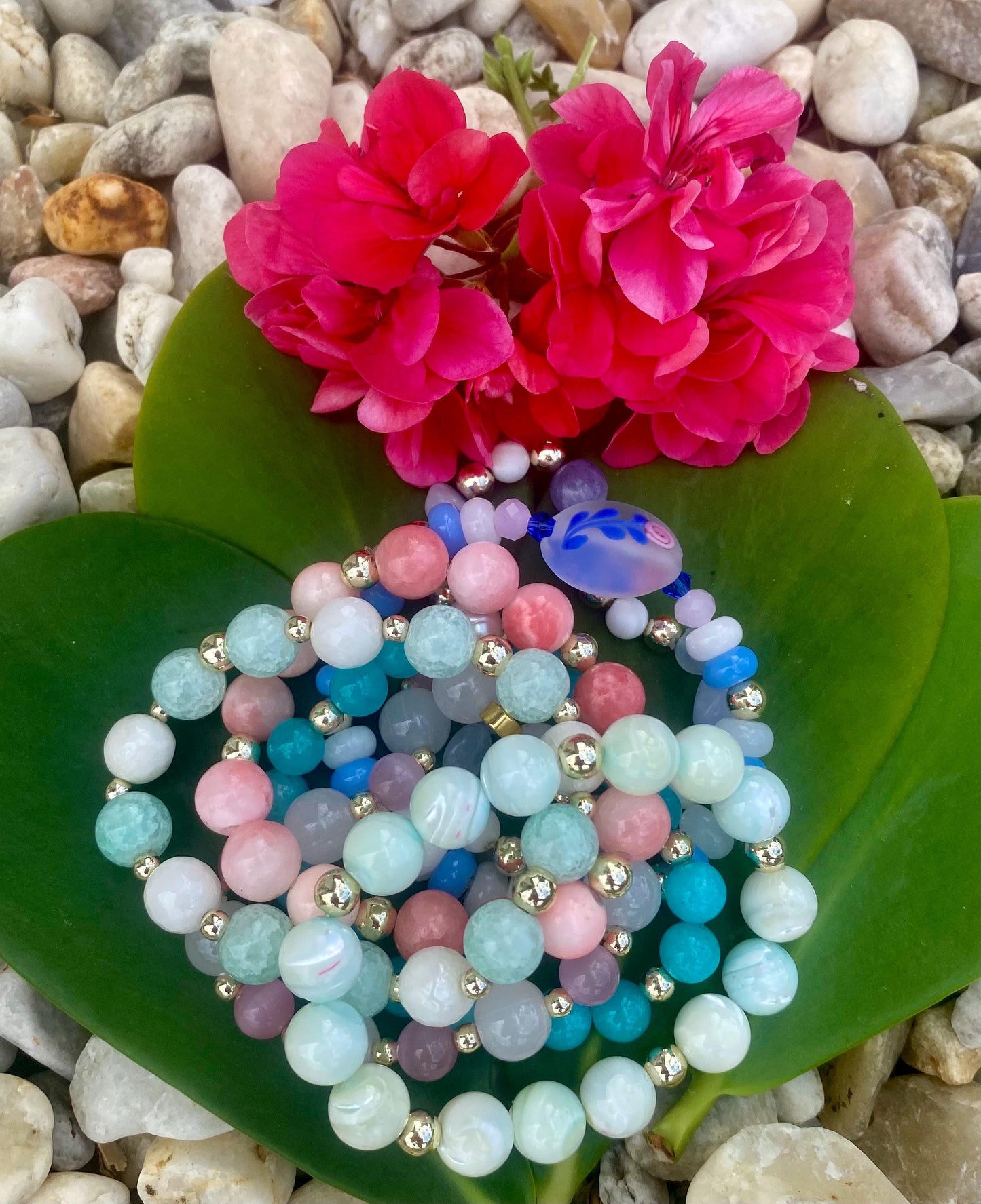Aqua Green Crackle Glass Beaded Bracelet. White Quartz & 14k Gold Filled Accent Beads.