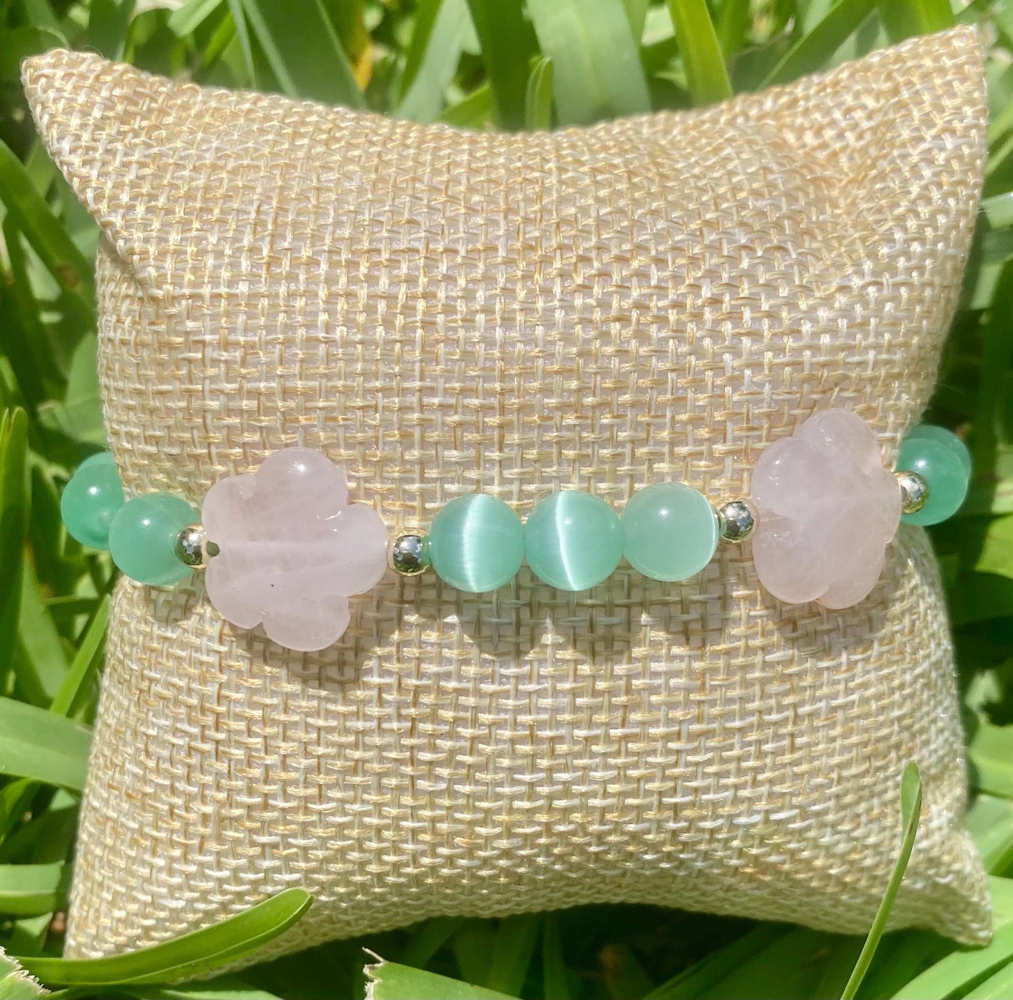 Green Cat's Eye Beaded Bracelet: Rose Quartz Flower Charms, 14k Gold Accent Beads.