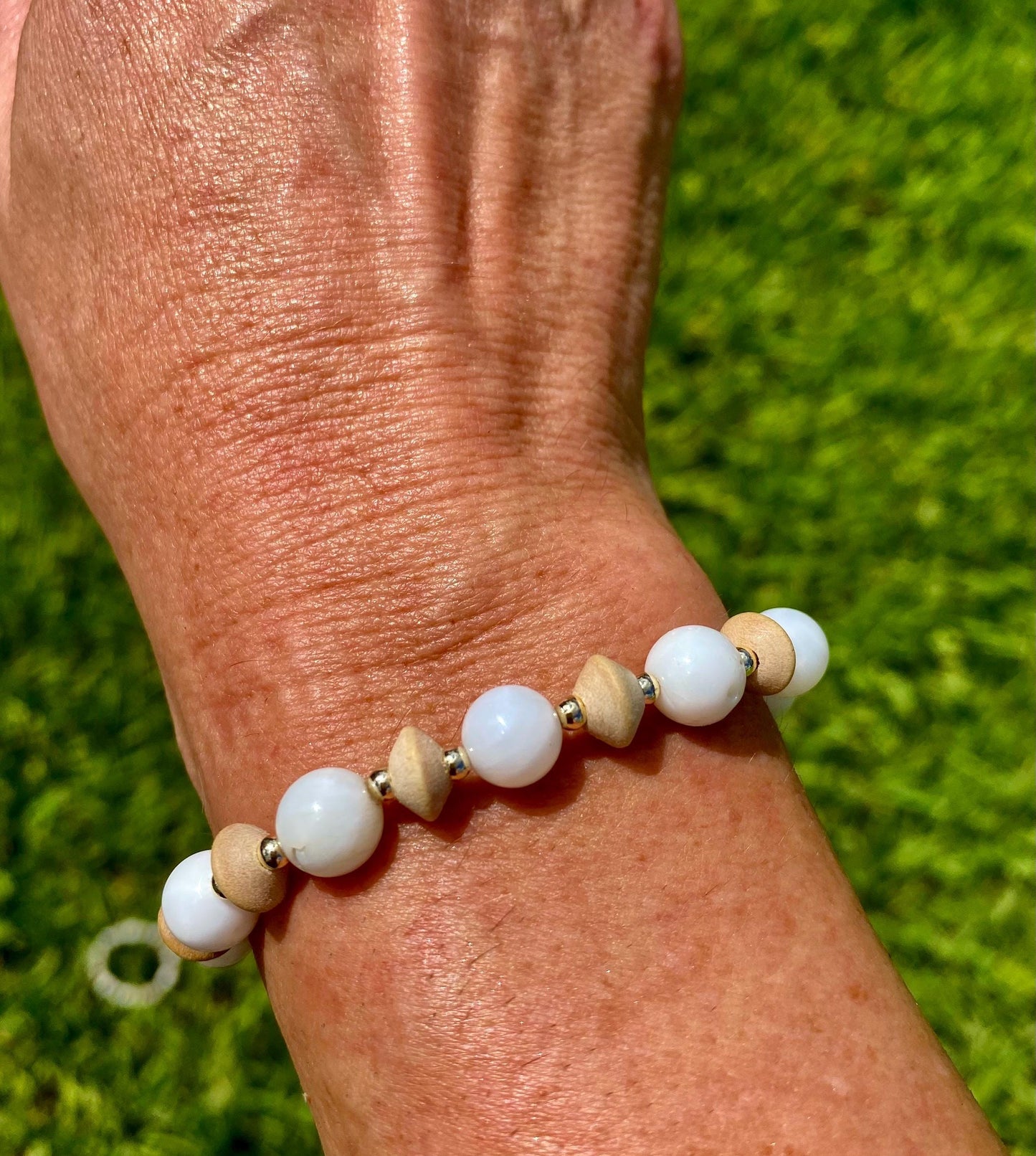 White Shell Beaded Bracelet: Natural Wood & Blue Accent Beads. Tropical Stacking Jewelry.