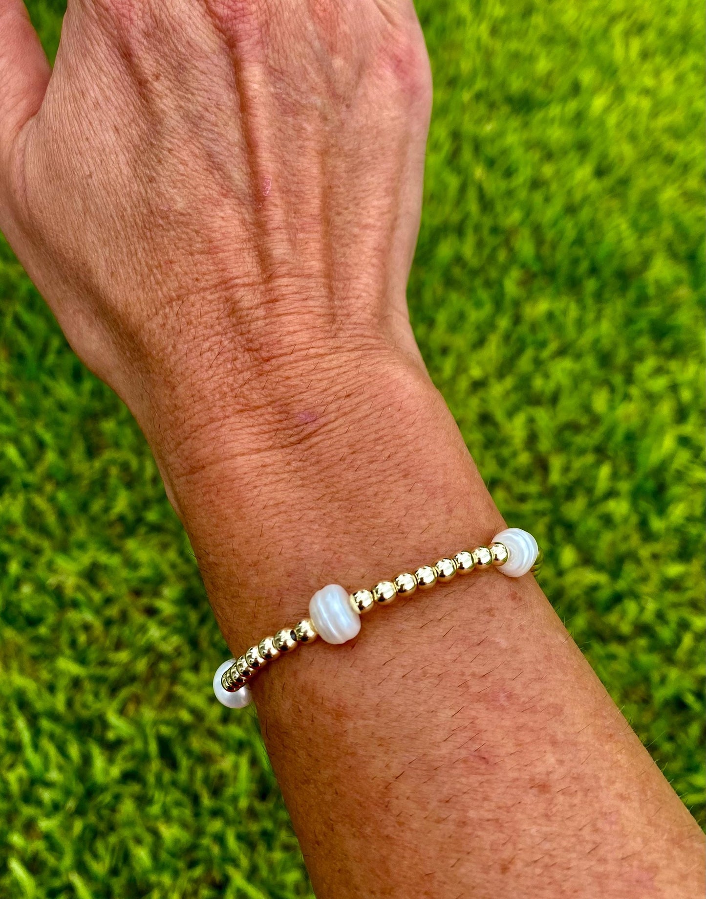 14k Gold Filled Stacking Bracelet: Cultured Pearl. Non Tarnish. E Newton Inspired.