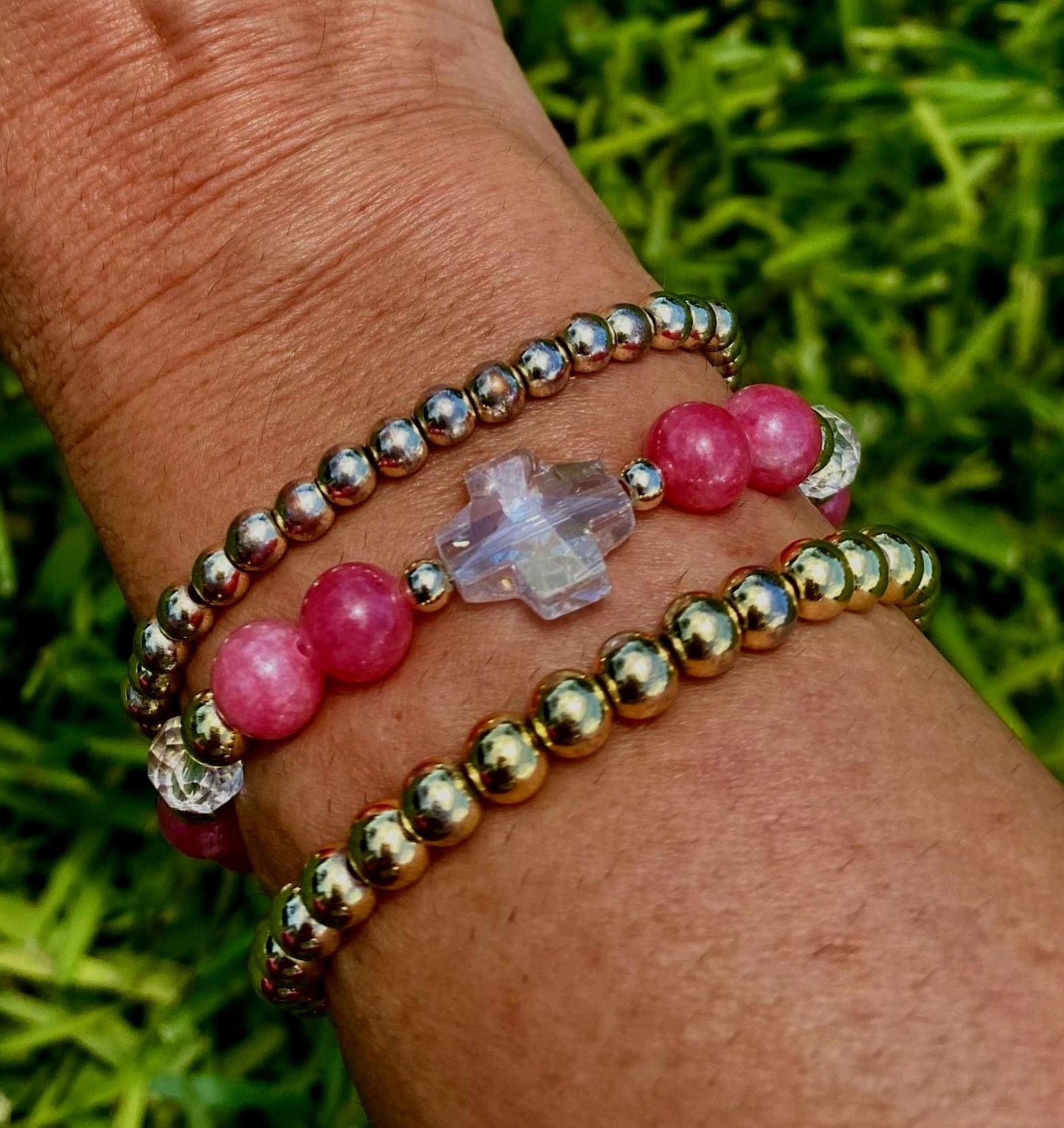 Pink Raspberry Jade Beaded Bracelet: Glass Cross Charm, 14k Gold Filled.