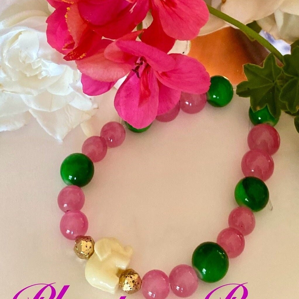 Pink & Green Beaded Bracelet: Center Enamel Elephant Charm, Tropical and Preppy.
