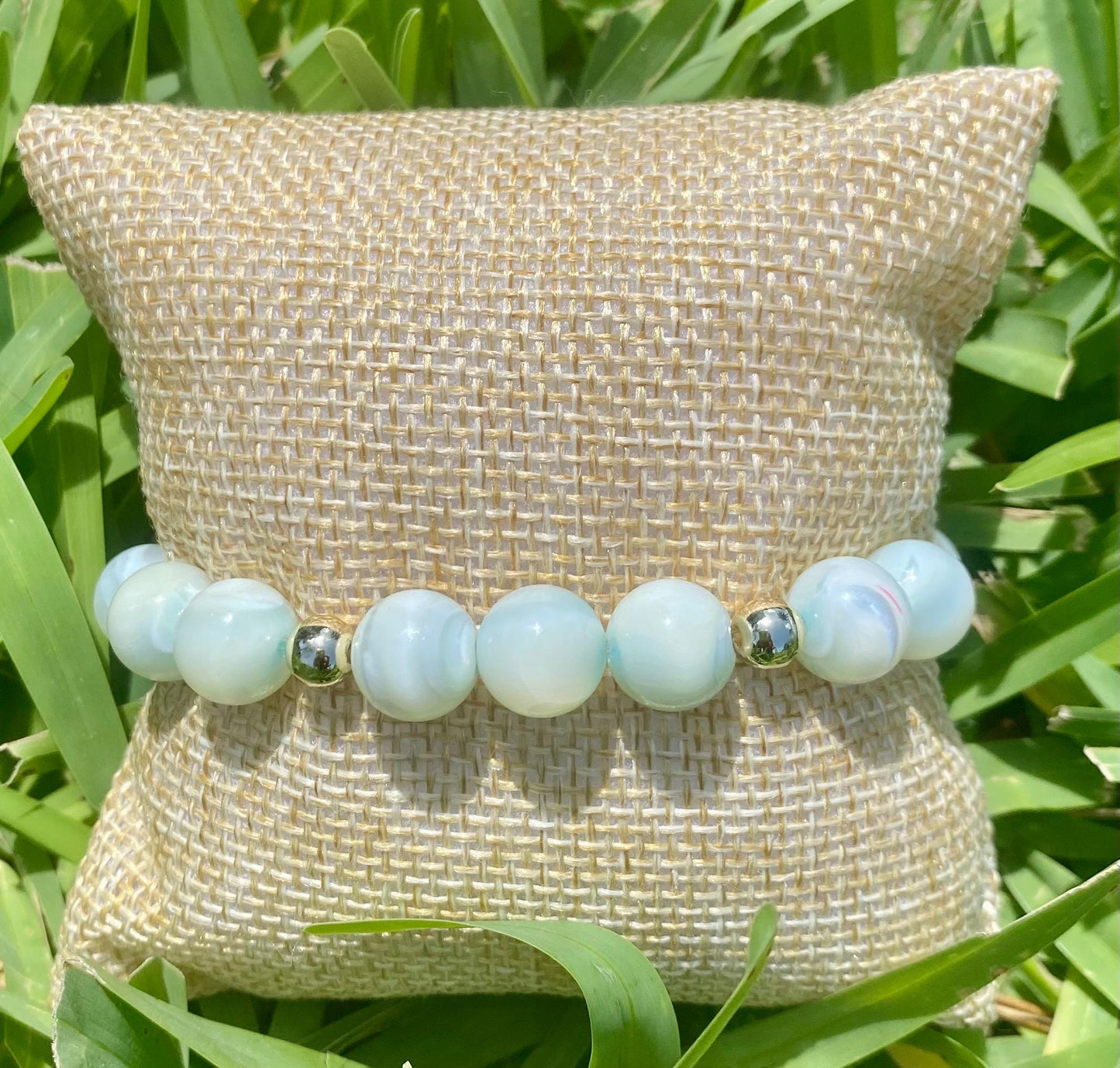 Teal Green Shell Beaded Bracelet: 14k Gold Filled Accent Beads.