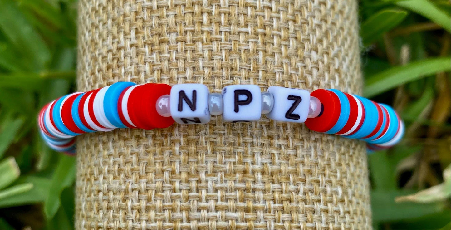 Red White Blue Beaded Bracelet Stack, Ceramic Fish & USA Flag Bracelet