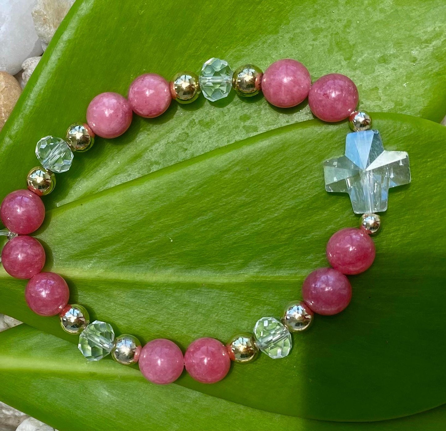 Pink Raspberry Jade Beaded Bracelet: Glass Cross Charm, 14k Gold Filled.