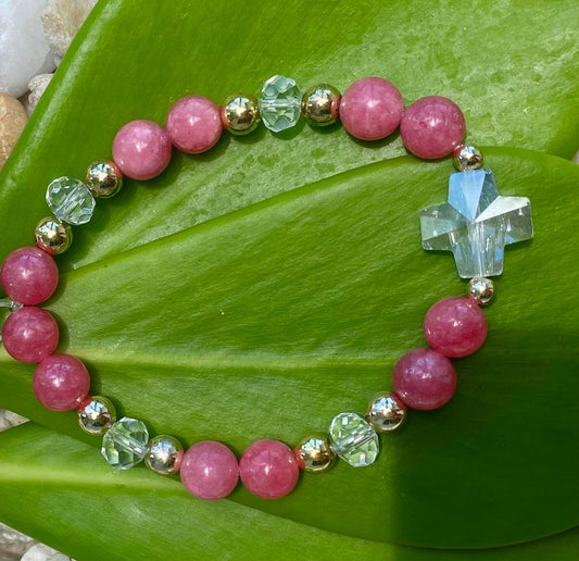 Pink Raspberry Jade Beaded Bracelet: Glass Cross Charm, 14k Gold Filled.