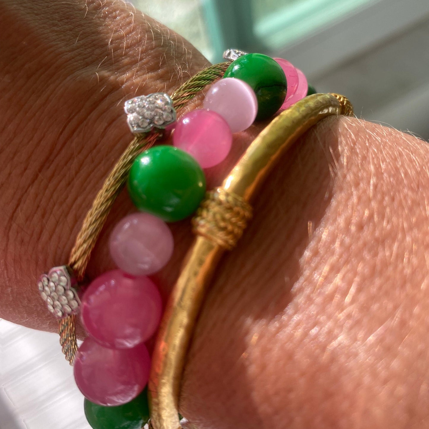 Pink & Green Beaded Bracelet: Center Enamel Elephant Charm, Tropical and Preppy.