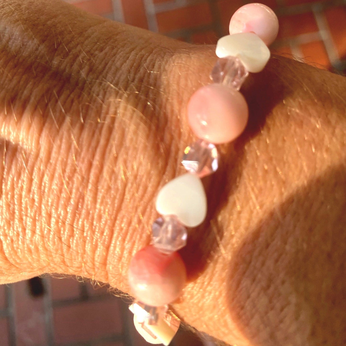 Pink Coral Beaded Bracelet: Glass Beads & River Shell Hearts.