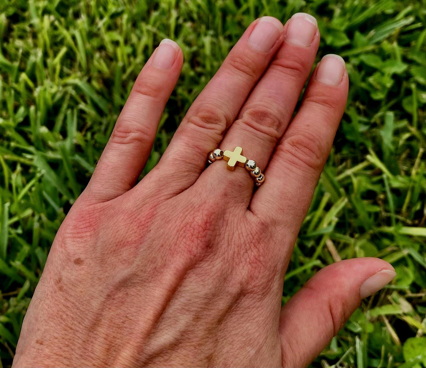18K Gold Cross Ring: Dainty Stacking 14K Gold Filled Beads.