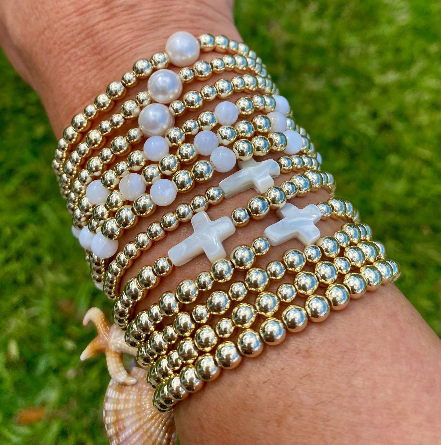 14K Gold Filled & Silver Plated Stacking Bracelets. Center Mother of Pearl Cross.