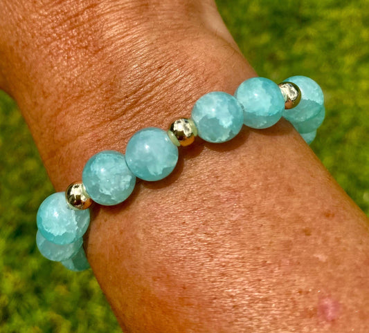 Aqua Green Crackle Glass Beaded Bracelet. White Quartz & 14k Gold Filled Accent Beads.
