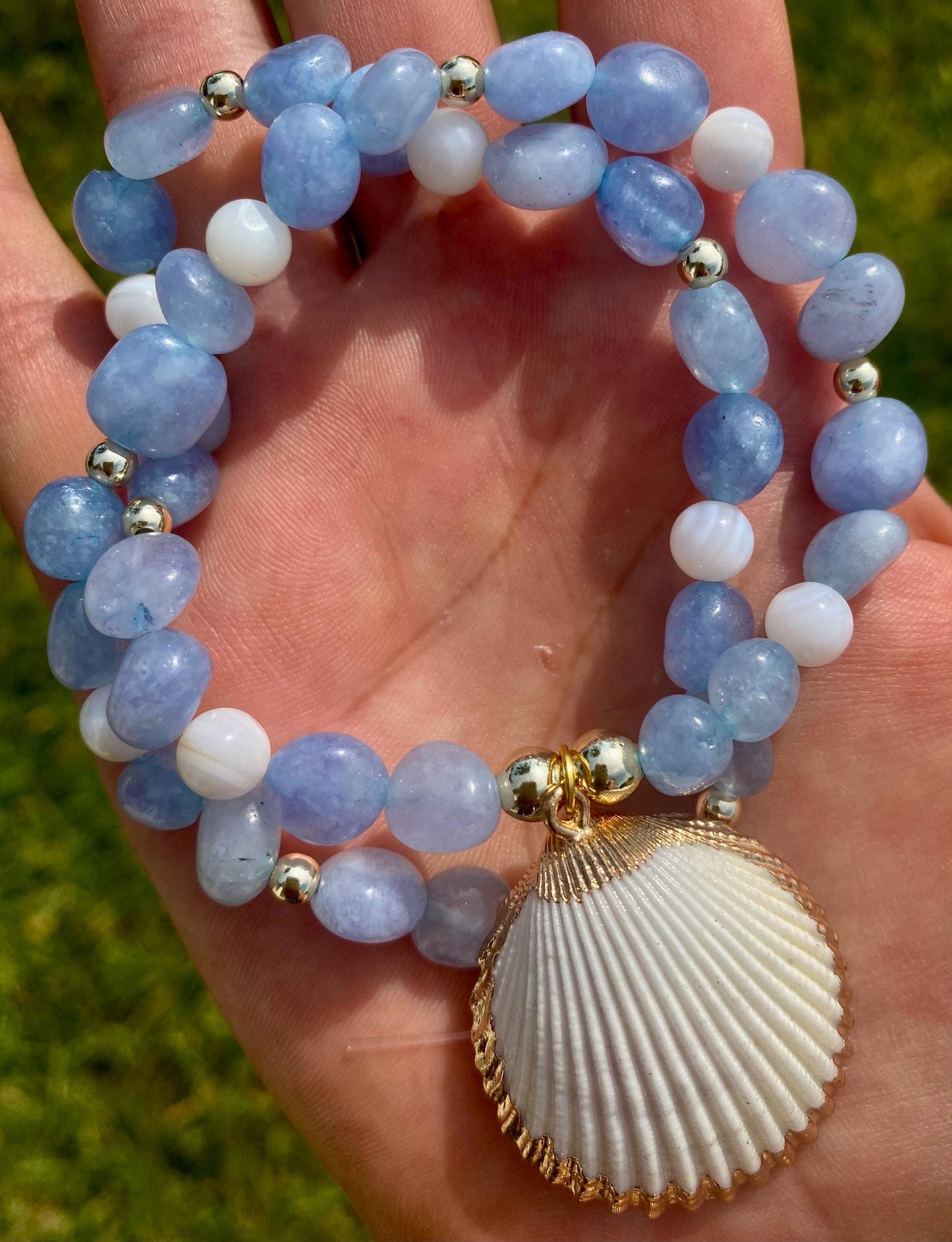 Blue Aquamarine Beaded Necklace: Gold Scallop Shell Charm, 14k Gold Filled accent Beads.