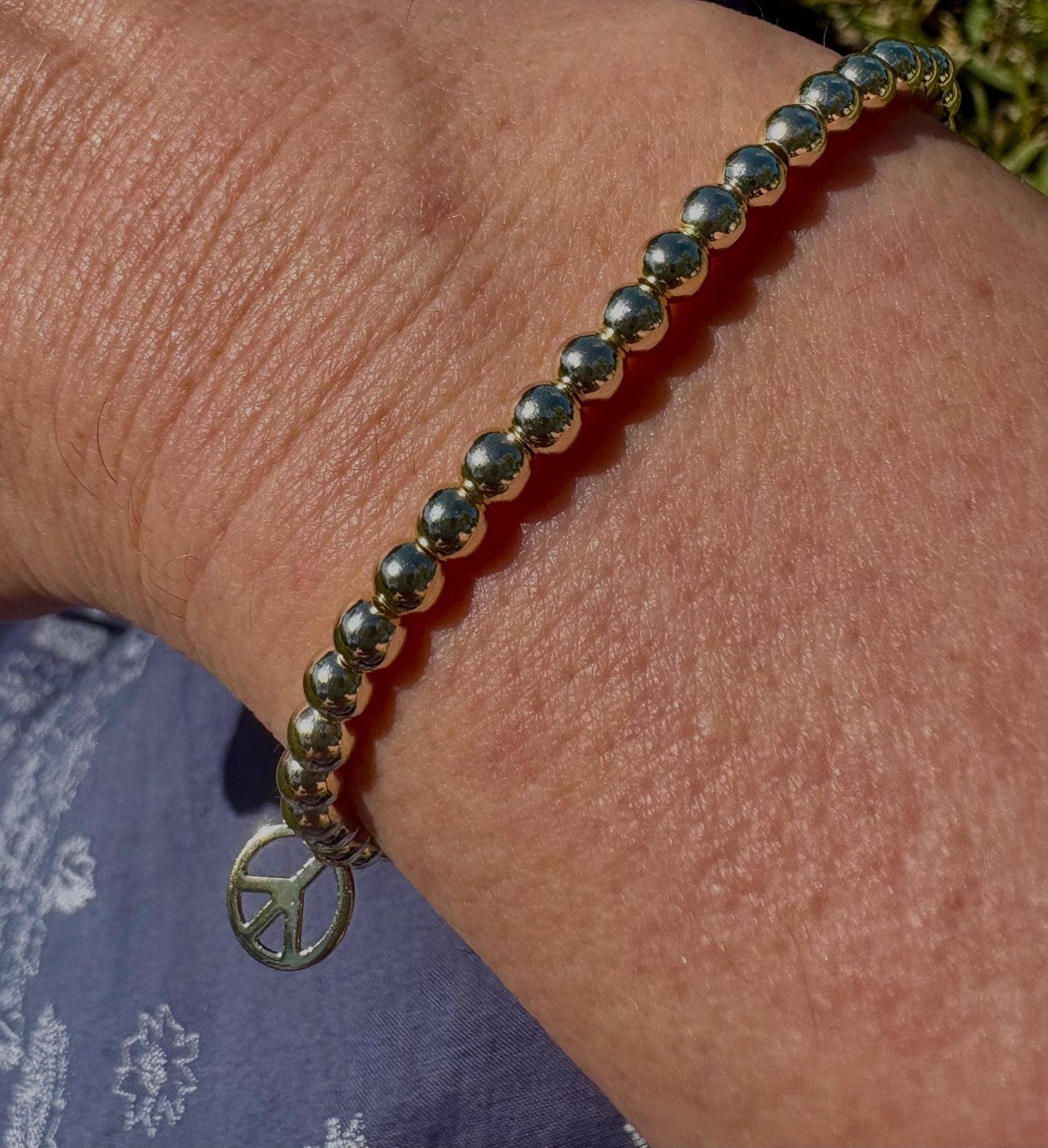 14k Gold Filled Beaded Bracelet with Dainty Peace Sign Charm - Stacking Jewelry