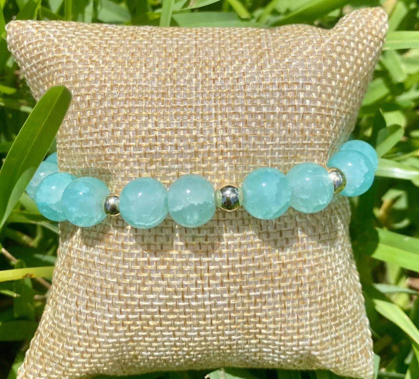 Aqua Green Crackle Glass Beaded Bracelet. White Quartz & 14k Gold Filled Accent Beads.