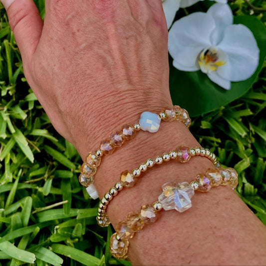 Beige Crystal Briolette Beaded Bracelet: 14K Gold Accents, Clover/Cross Charm