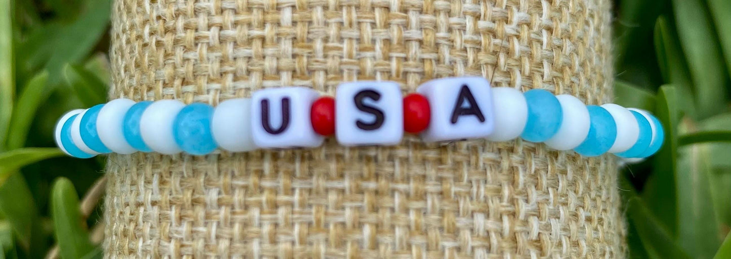 Red White Blue Beaded Bracelet Stack, Ceramic Fish & USA Flag Bracelet