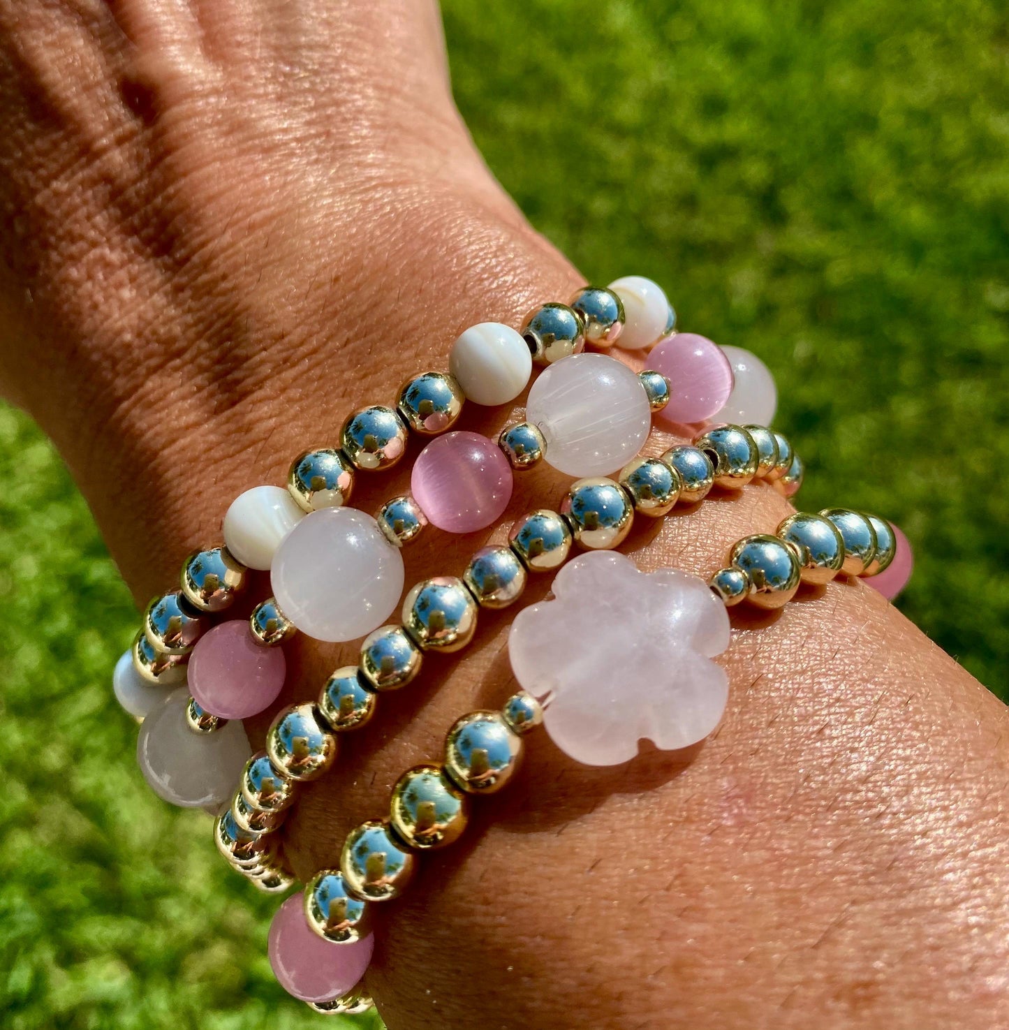 14k Gold Filled Beaded Bracelet: Center Rose Quartz Flower Charm.