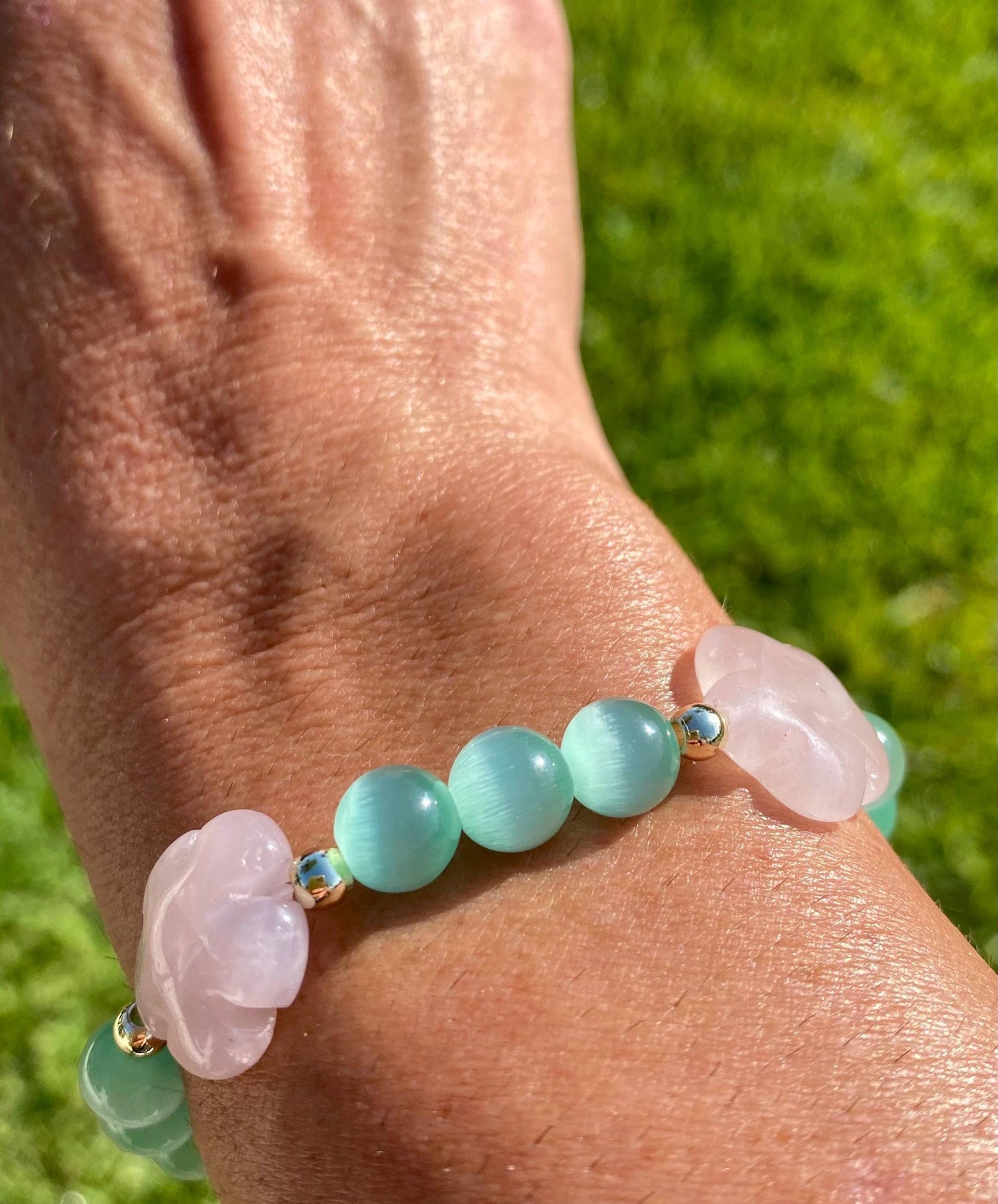 Green Cat's Eye Beaded Bracelet: Rose Quartz Flower Charms, 14k Gold Accent Beads.