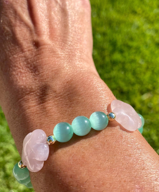 Green Cat's Eye Beaded Bracelet: Rose Quartz Flower Charms, 14k Gold Accent Beads.