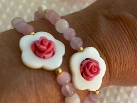 Pink Beaded Friendship Bracelet Set: Pink Quartz Beads, Center Flower & Shell Heart Accents..
