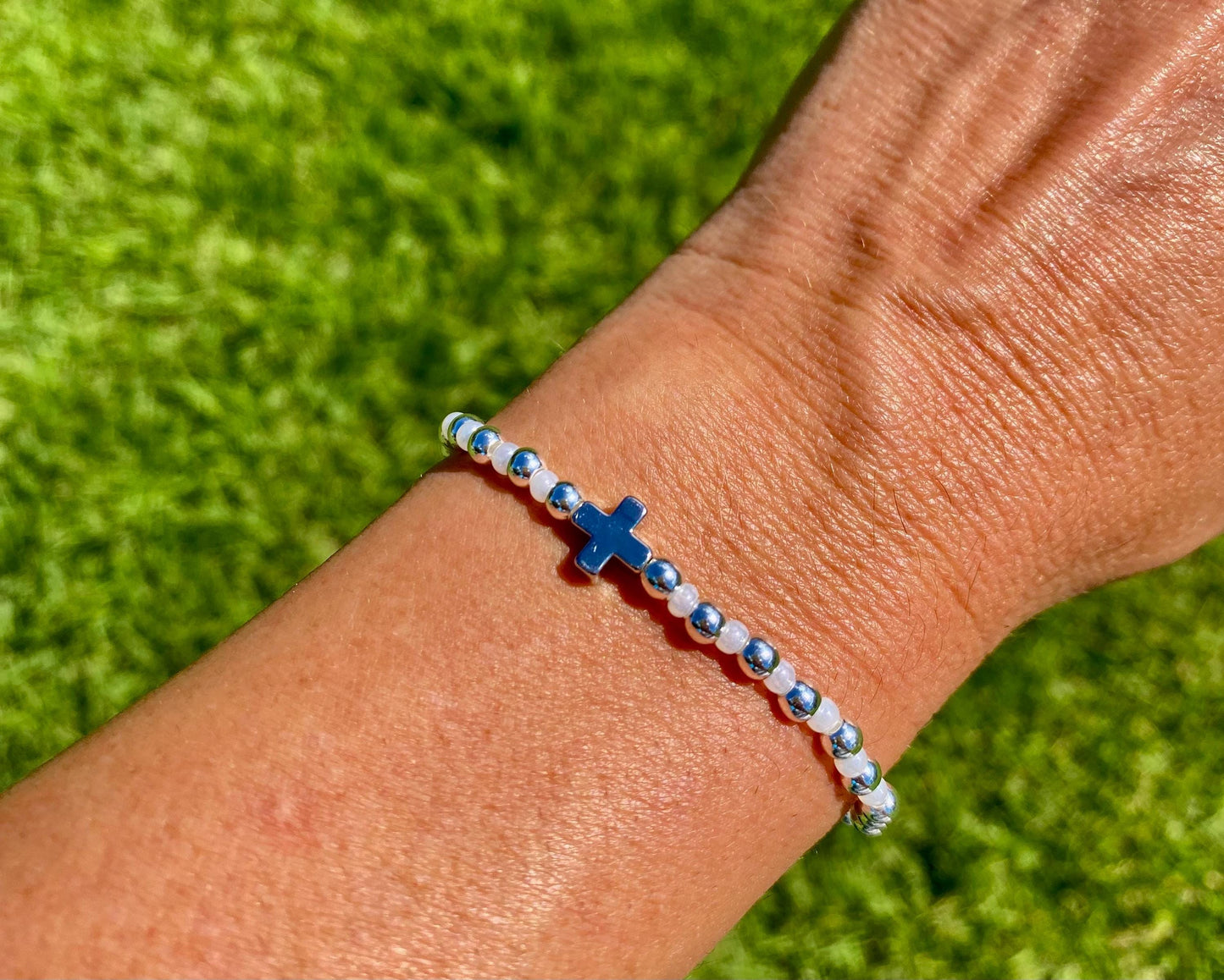 Silver Plated Beaded Bracelet: Platinum Plated Center Cross Charm, Pearl Czech Glass.