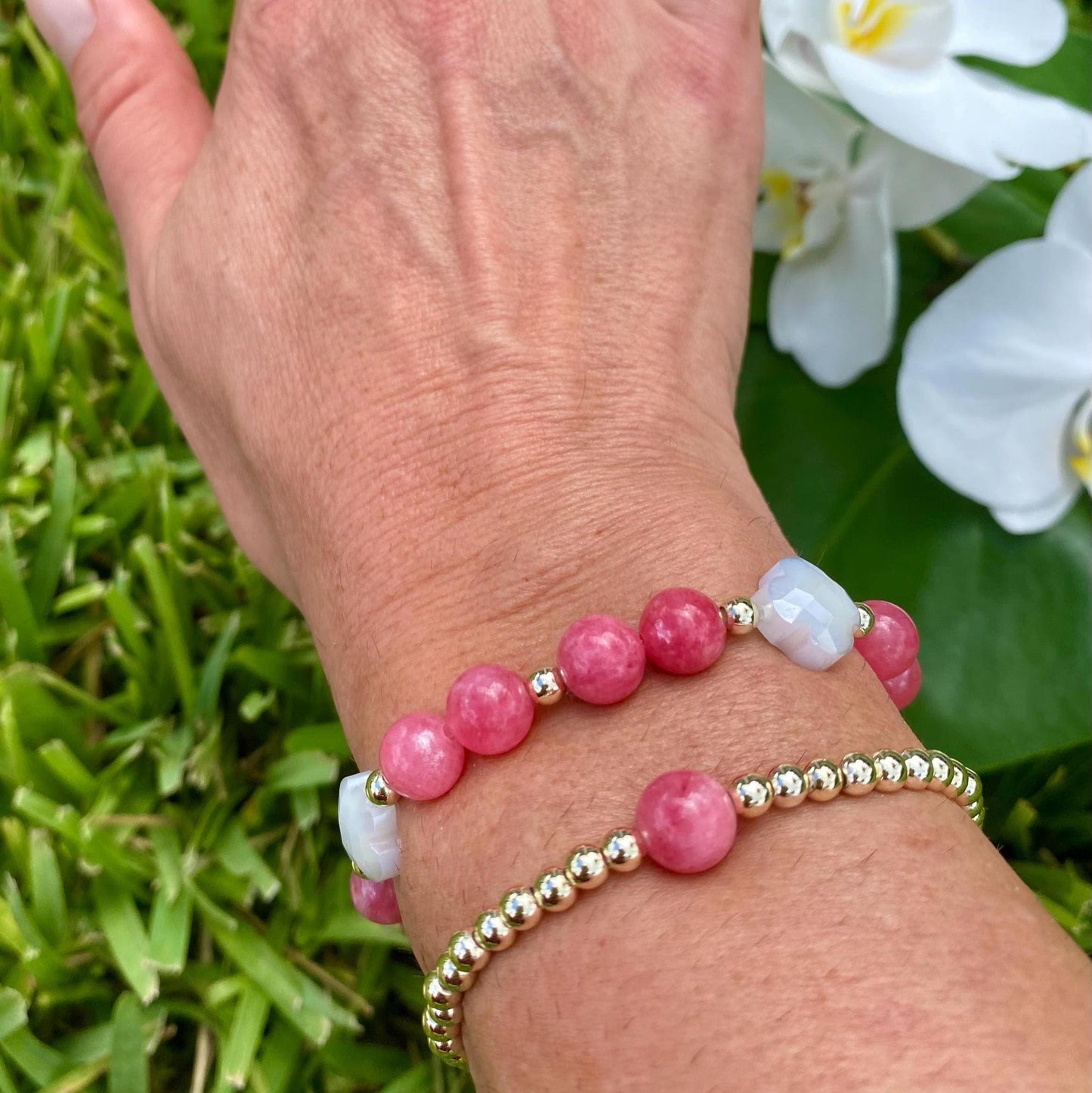 Pink Raspberry Jade Beaded Bracelet with Gold Filled Accents & Glass Clover Charms.